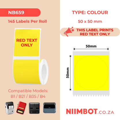 NB659 - NIIMBOT - B1 / B21 / B3S / B4 - T50X50 - 145 LABELS PER ROLL - YELLOW - RED TEXT ONLY - ROUND