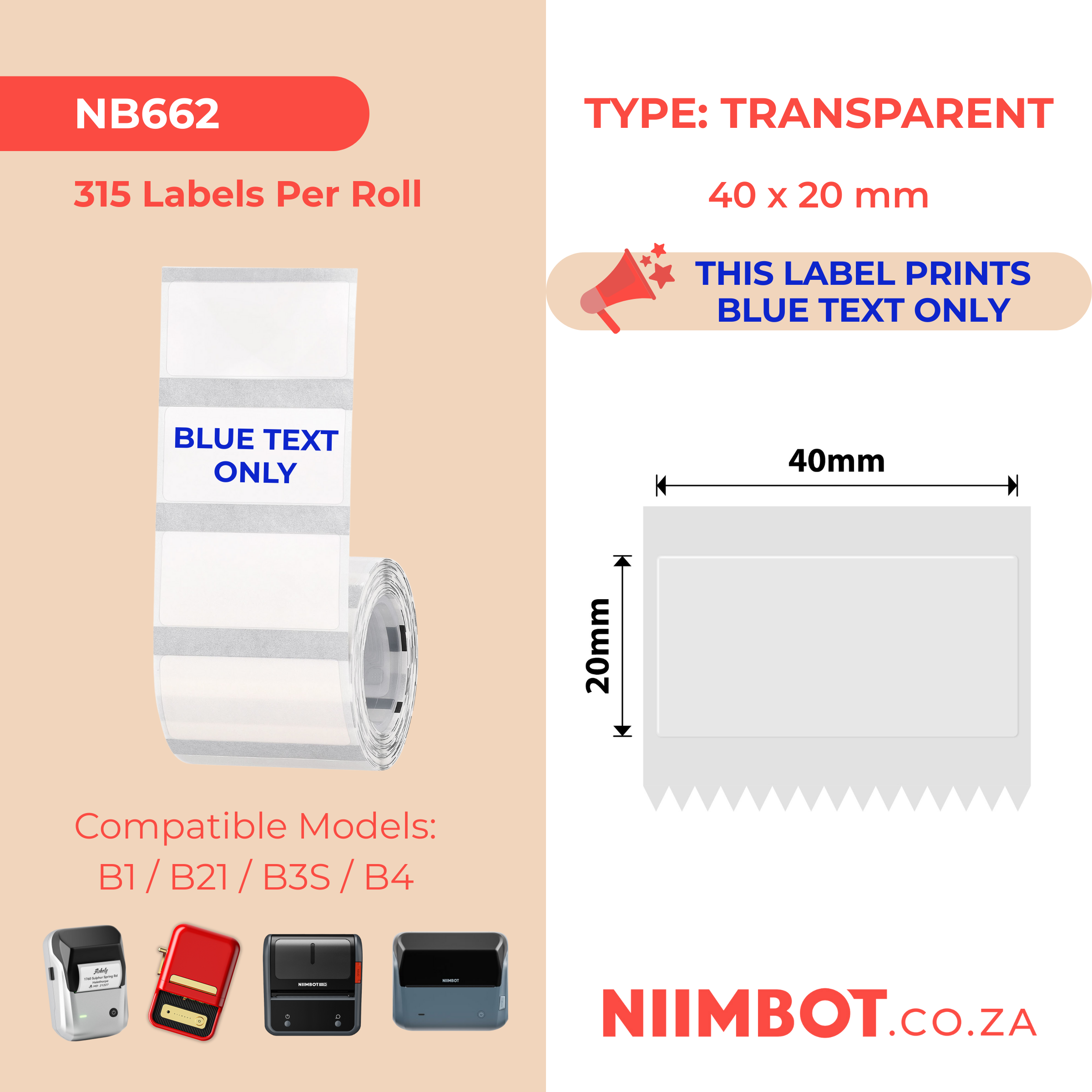 NB662 - NIIMBOT - B1 / B21 / B3S / B4 - TT40X20 - 315 LABELS PER ROLL - TRANSPARENT - BLUE TEXT ONLY - RECTANGLE