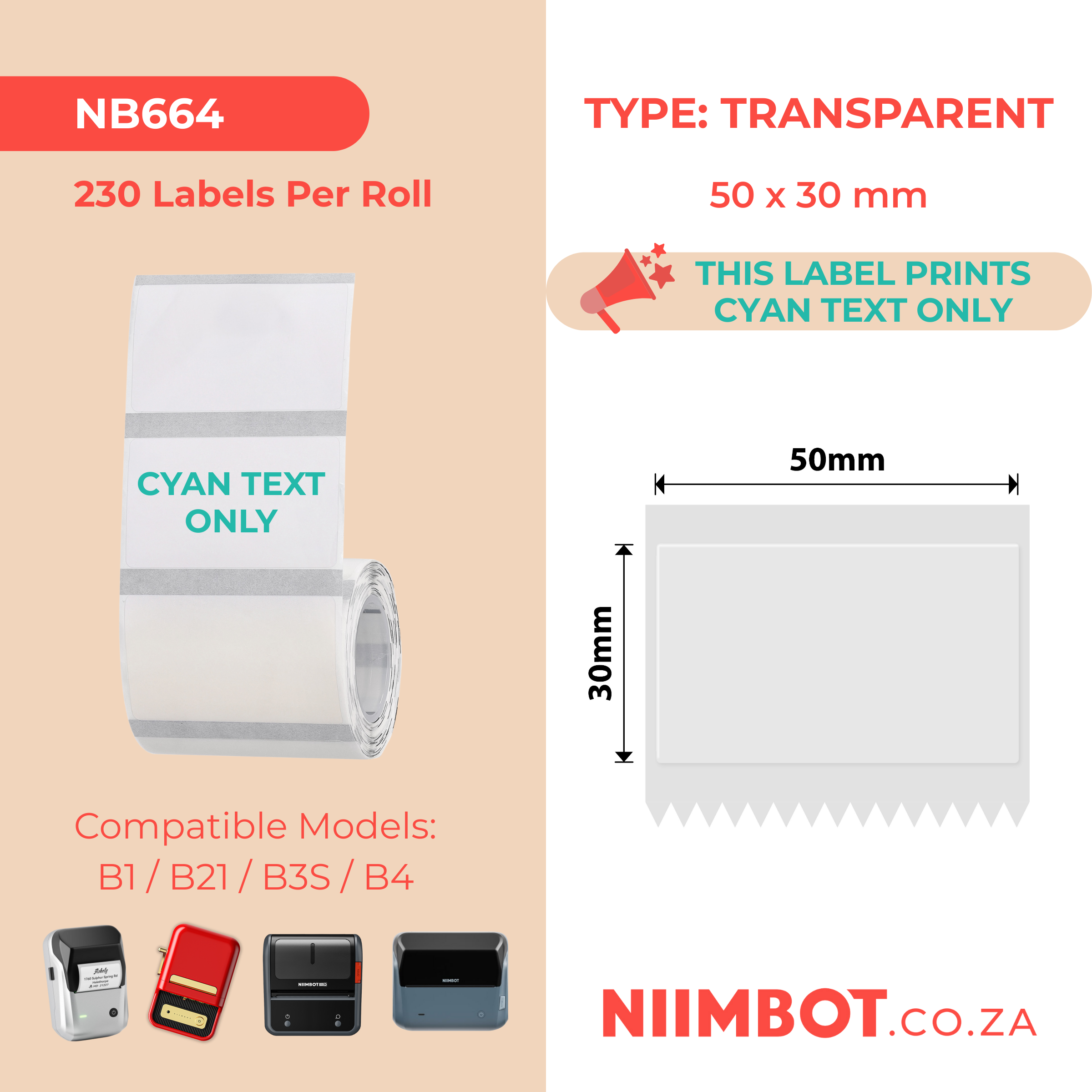 NB664 - NIIMBOT - B1 / B21 / B3S / B4 - TT50X30 - 230 LABELS PER ROLL - TRANSPARENT - CYAN TEXT ONLY - RECTANGLE