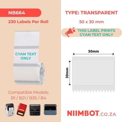 NIIMBOT - B Range - 50x30mm - Transparent Cyan Text - 230 Labels