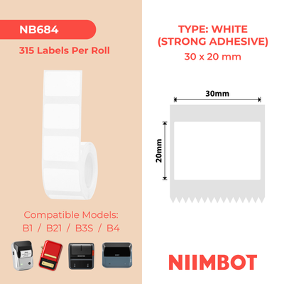NIIMBOT - B Range - 30x20mm - White Extra Strong Adhesive - 315 Labels