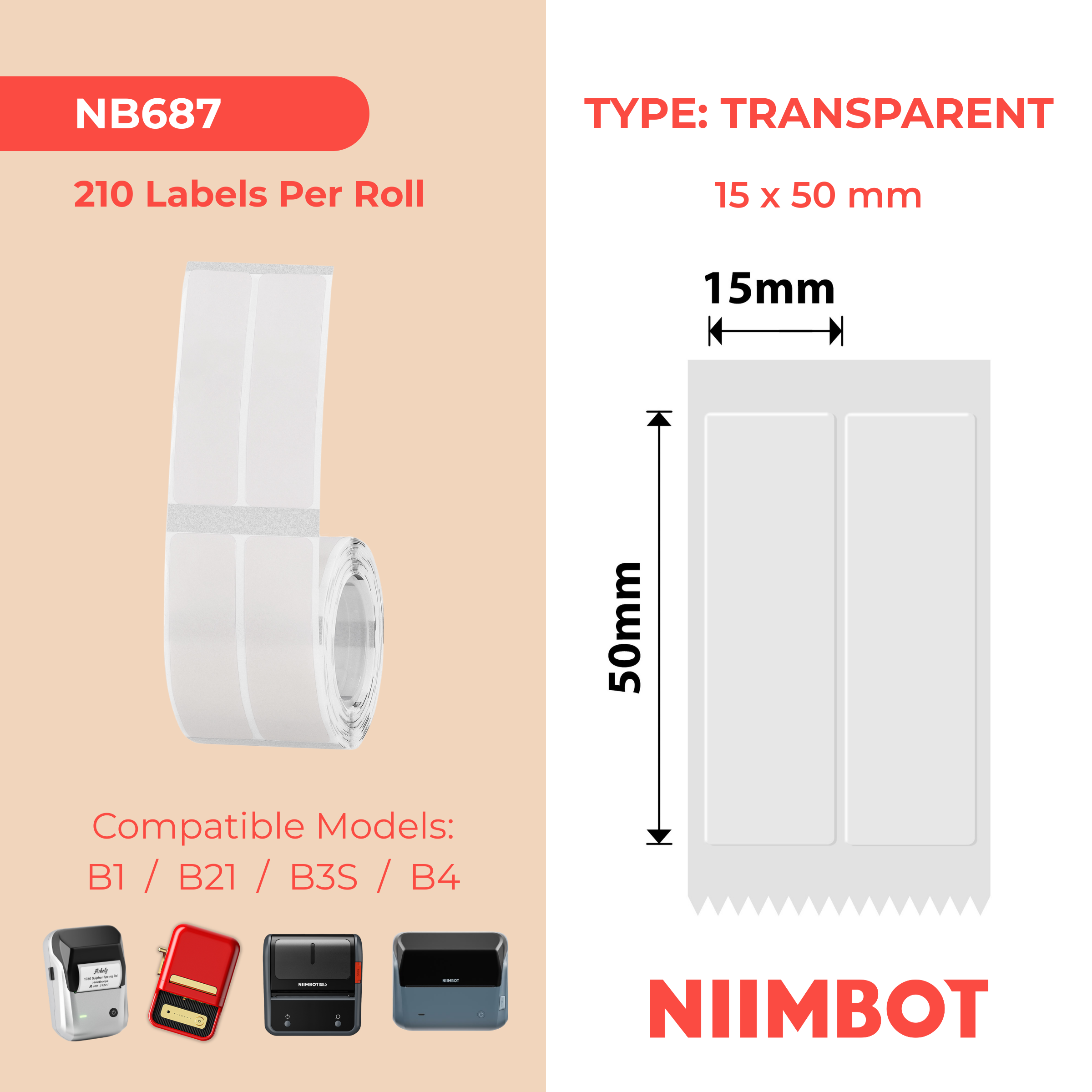 NIIMBOT - B Range - 15x50mm/2L - Transparent Anti-Counterfeiting - 210 Labels