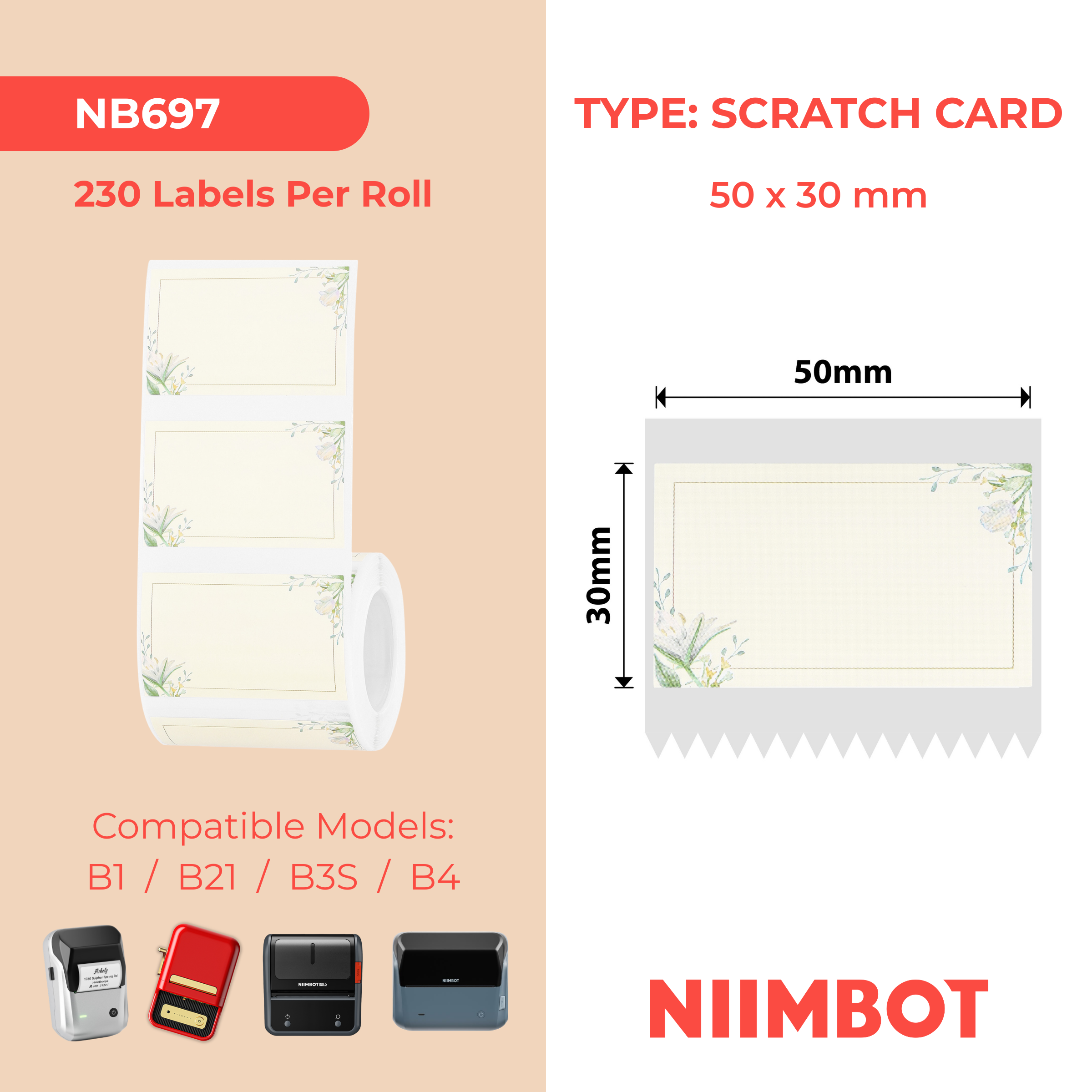 NIIMBOT - B Range - 50x30mm - Plain Paper With Flowers - 230 Labels