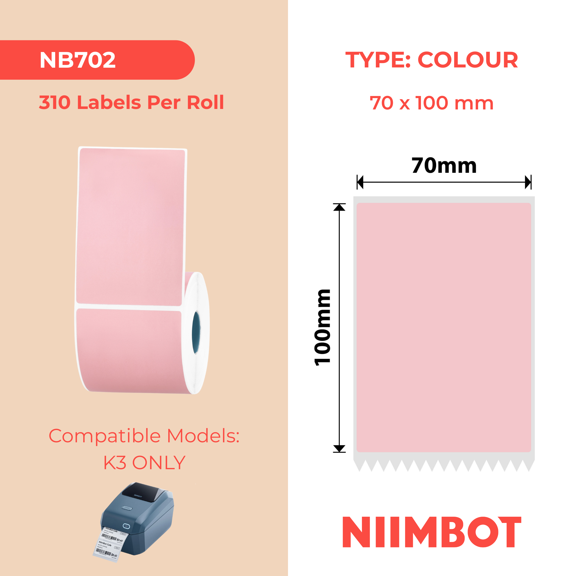 NB702 - NIIMBOT - K3 ONLY - 70X100MM - 310 PINK LABELS