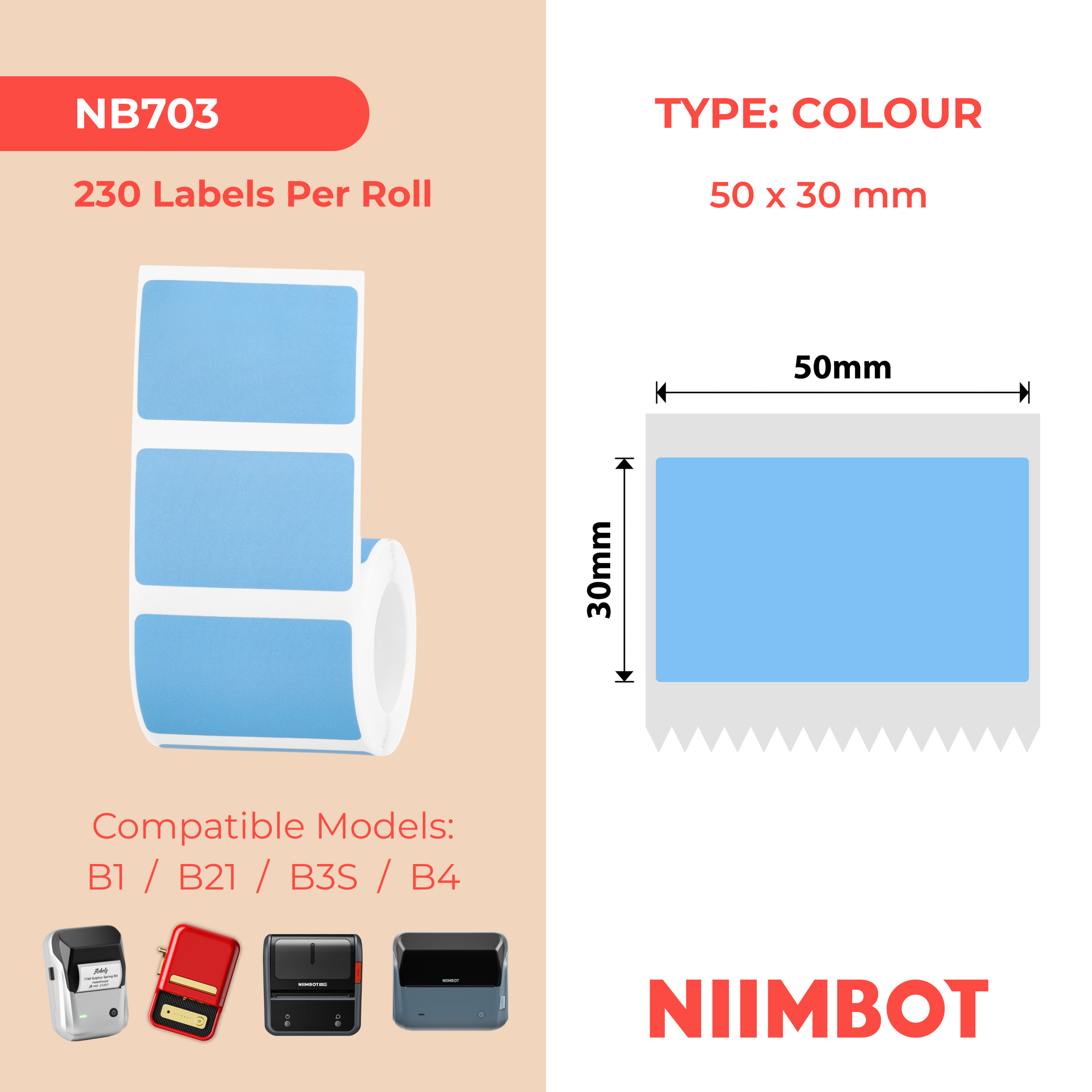 NB703 - NIIMBOT - B1 / B21 / B3S / B4 - 50X30MM - 230 BLUE LABELS