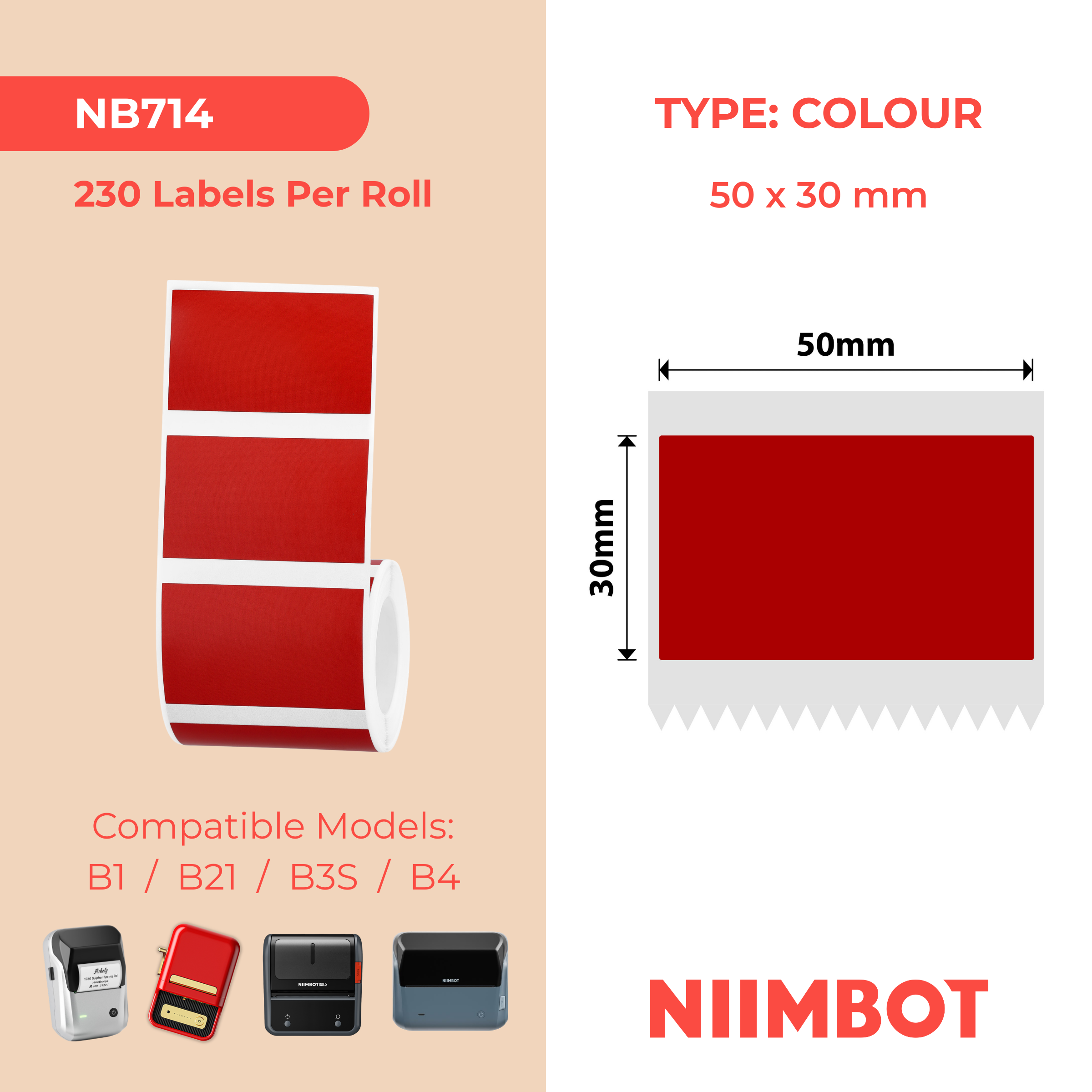 NB714 - NIIMBOT - B1 / B21 / B3S / B4 - 50X30MM - 230 RED LABELS