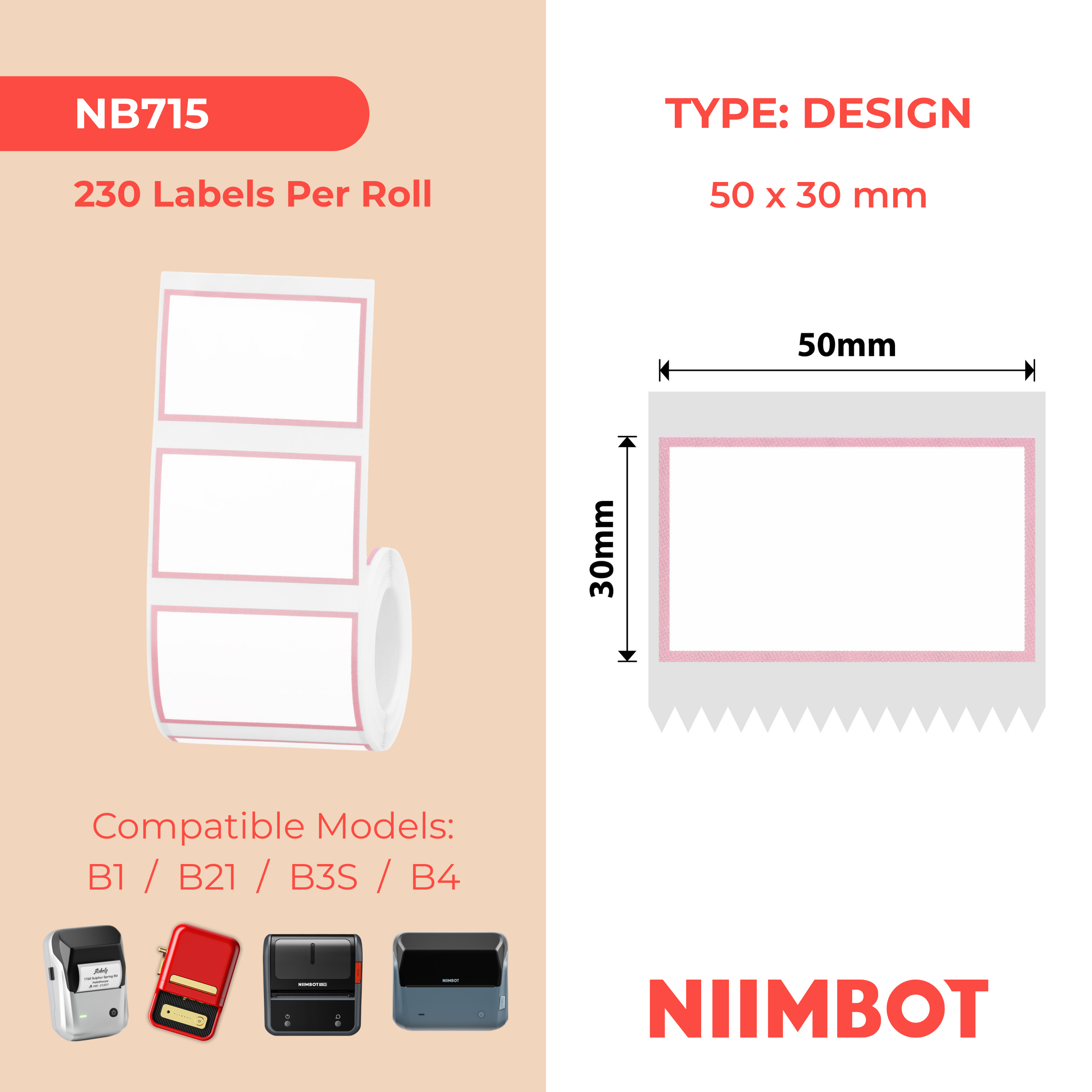 NB715 - NIIMBOT - B1 / B21 / B3S / B4 - 50X30MM - 230 PINK BORDER LABELS