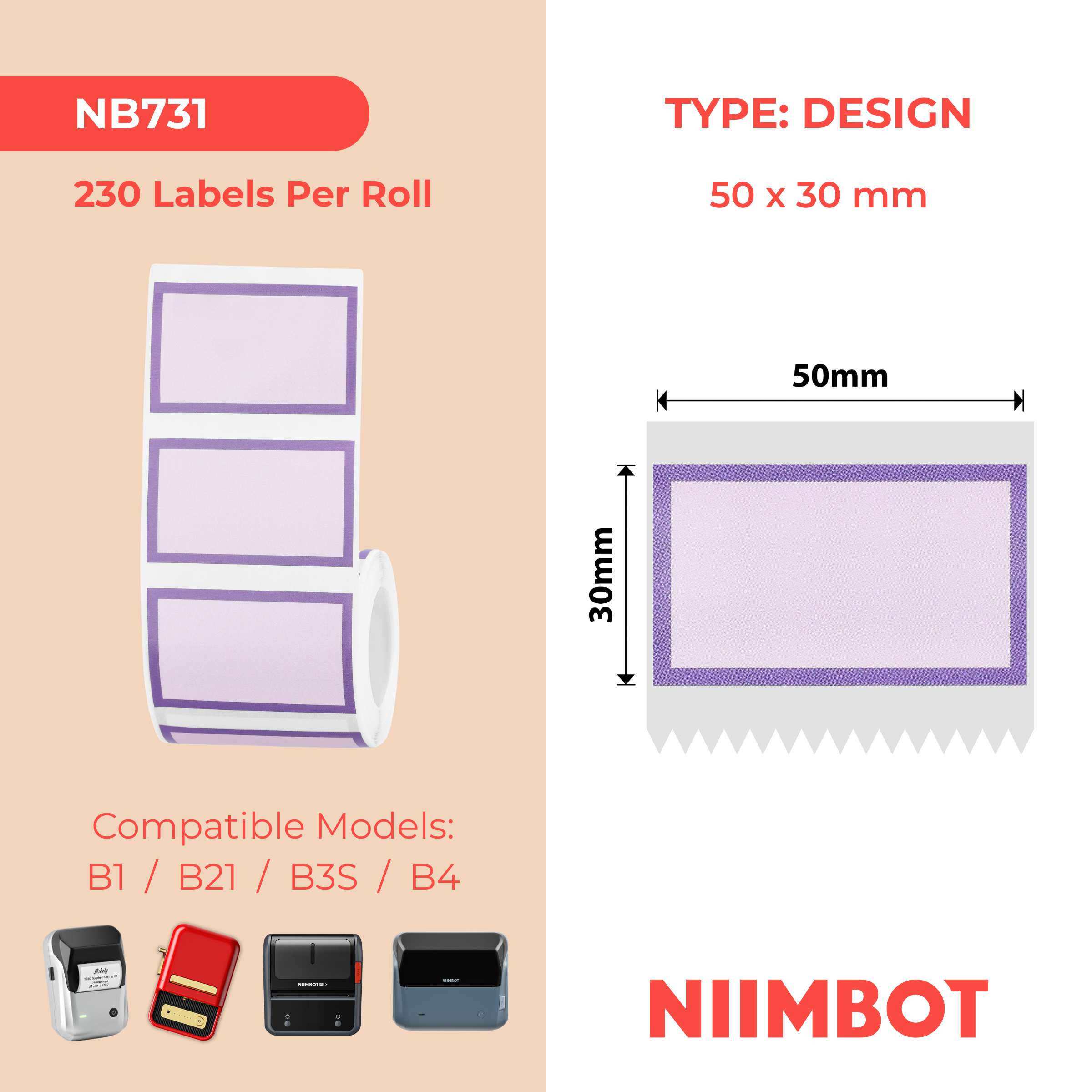 NIIMBOT - B Range - 50x30mm - Purple Border - 230 Labels
