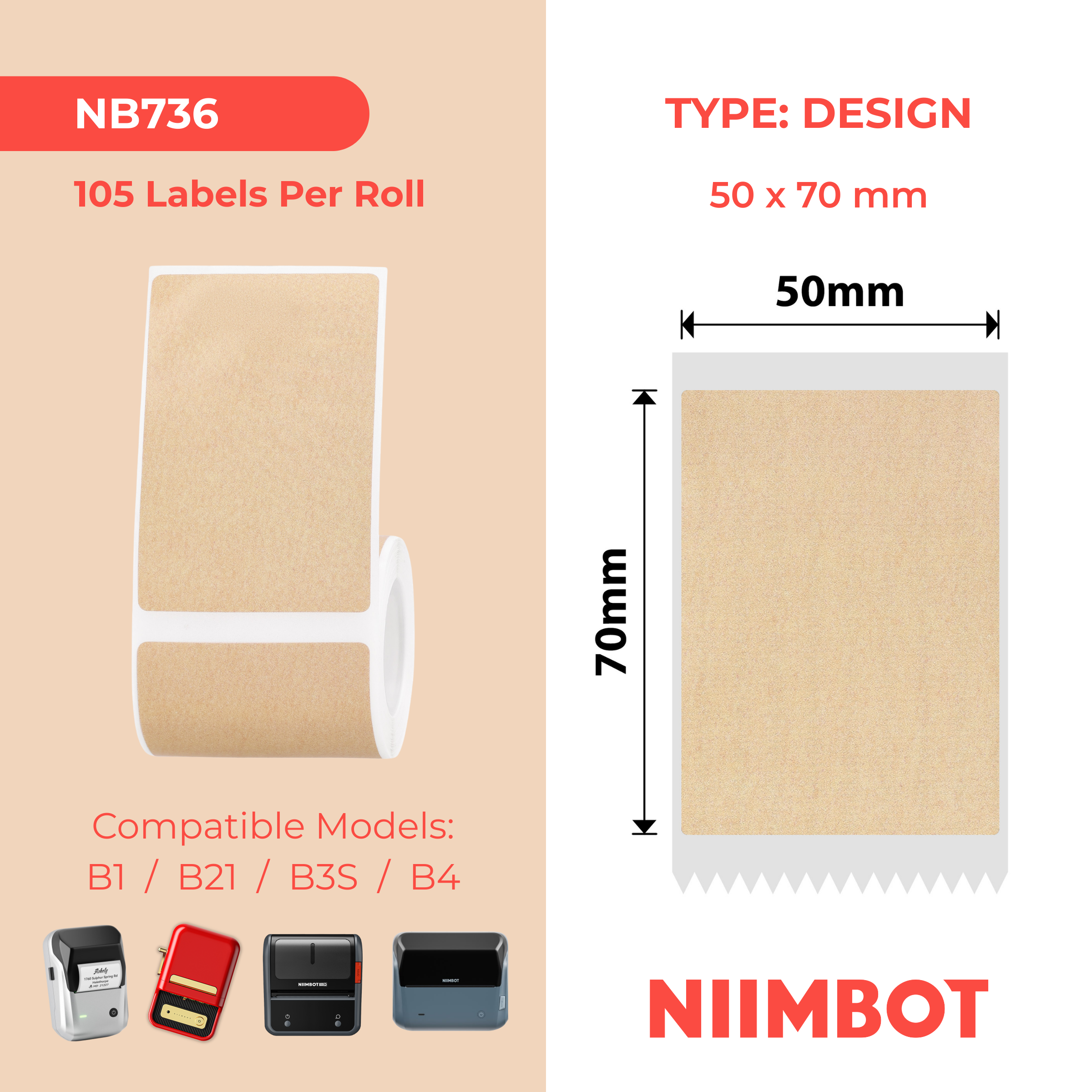 NIIMBOT - B Range - 50x70mm - Kraft - 105 Labels