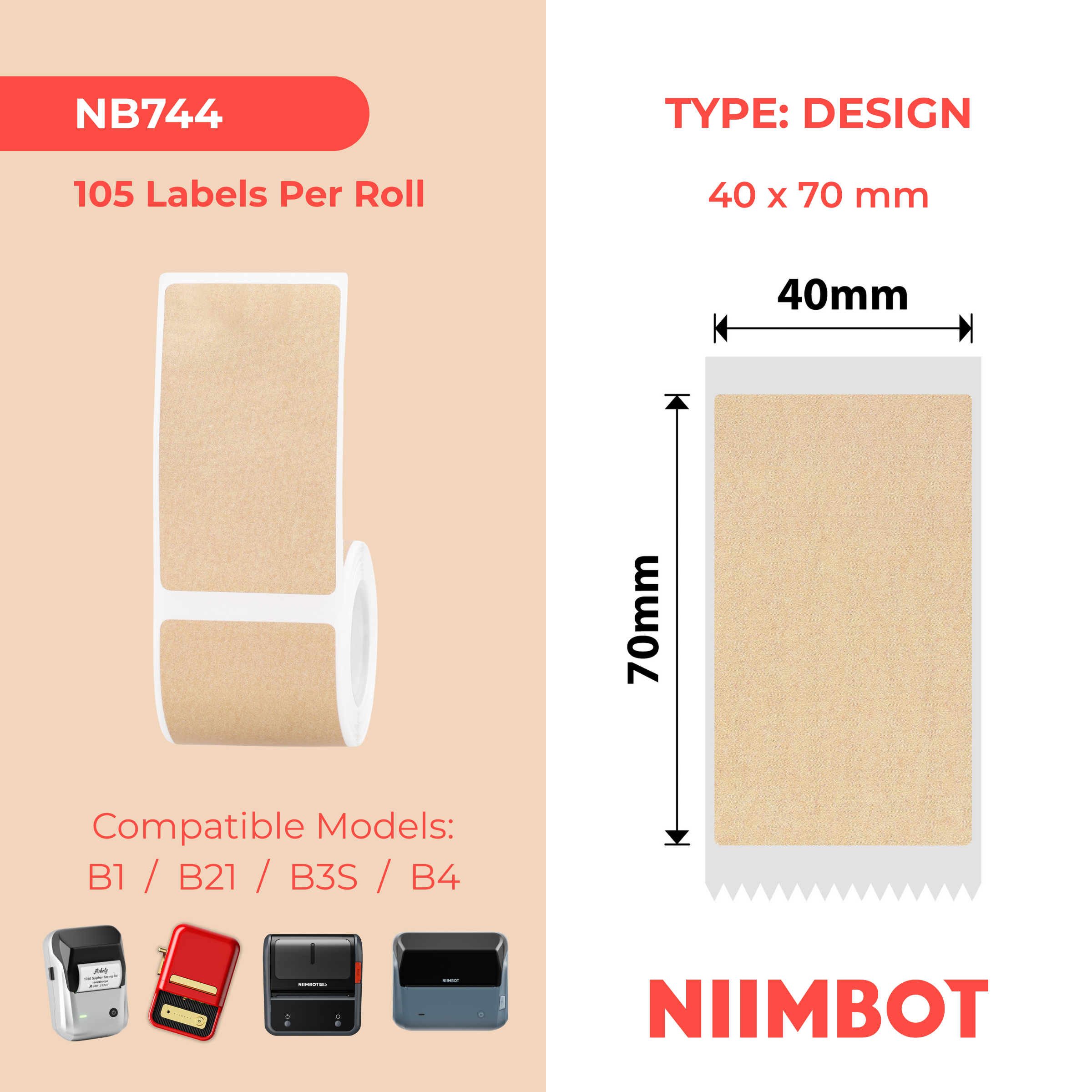 NB744 - NIIMBOT - B1 / B21 / B3S / B4 - 40X70MM - 105 KRAFT LABELS
