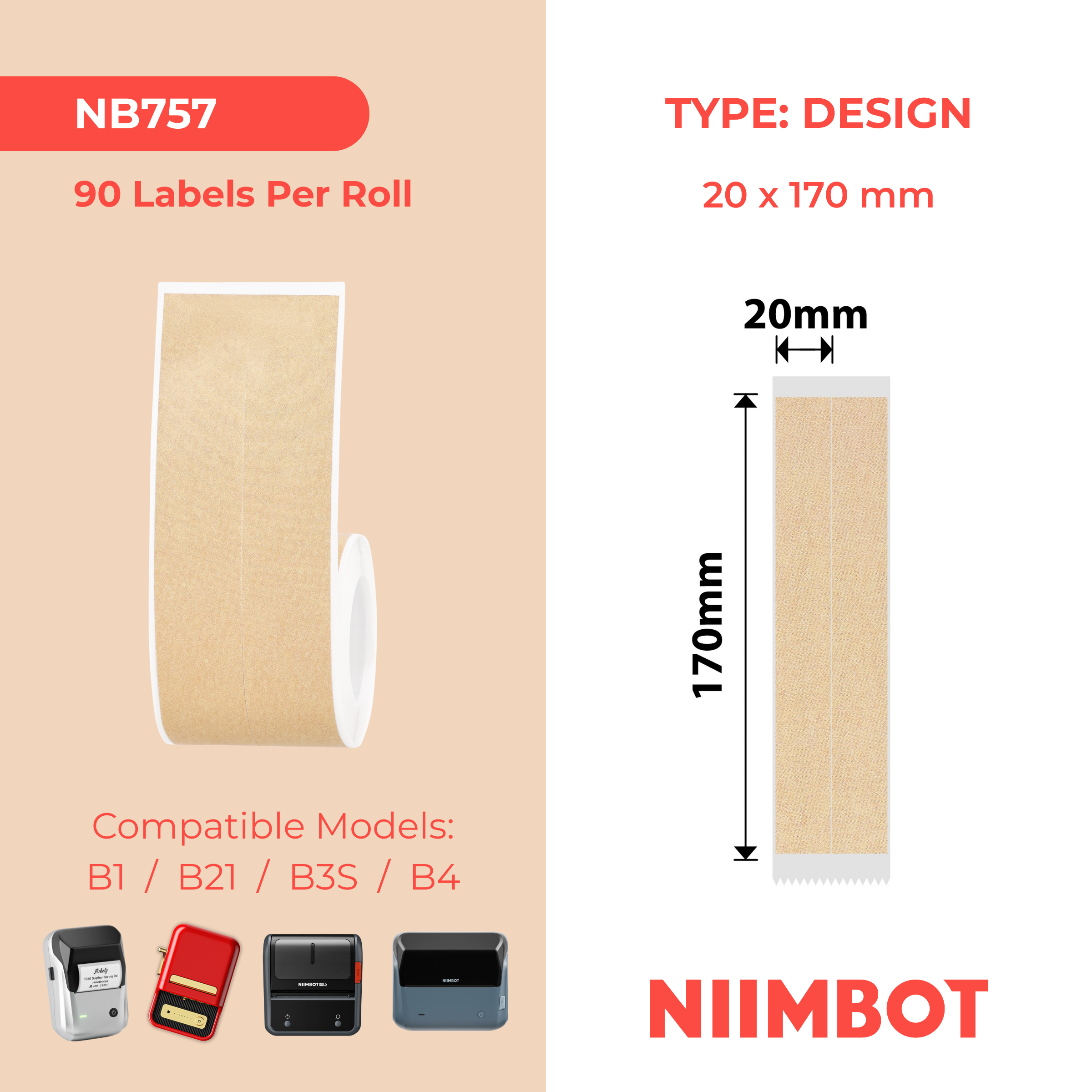 NIIMBOT - B Range - 20x170mm/2L - Kraft File - 90 Labels
