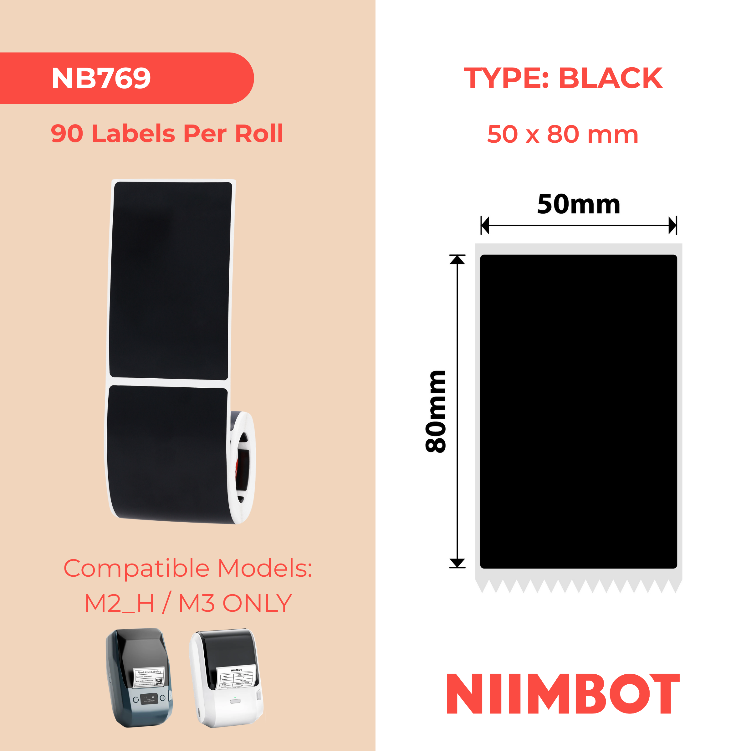NB769 - NIIMBOT - M2 / M3 - 50X80MM - 90 MATTE BLACK LABELS
