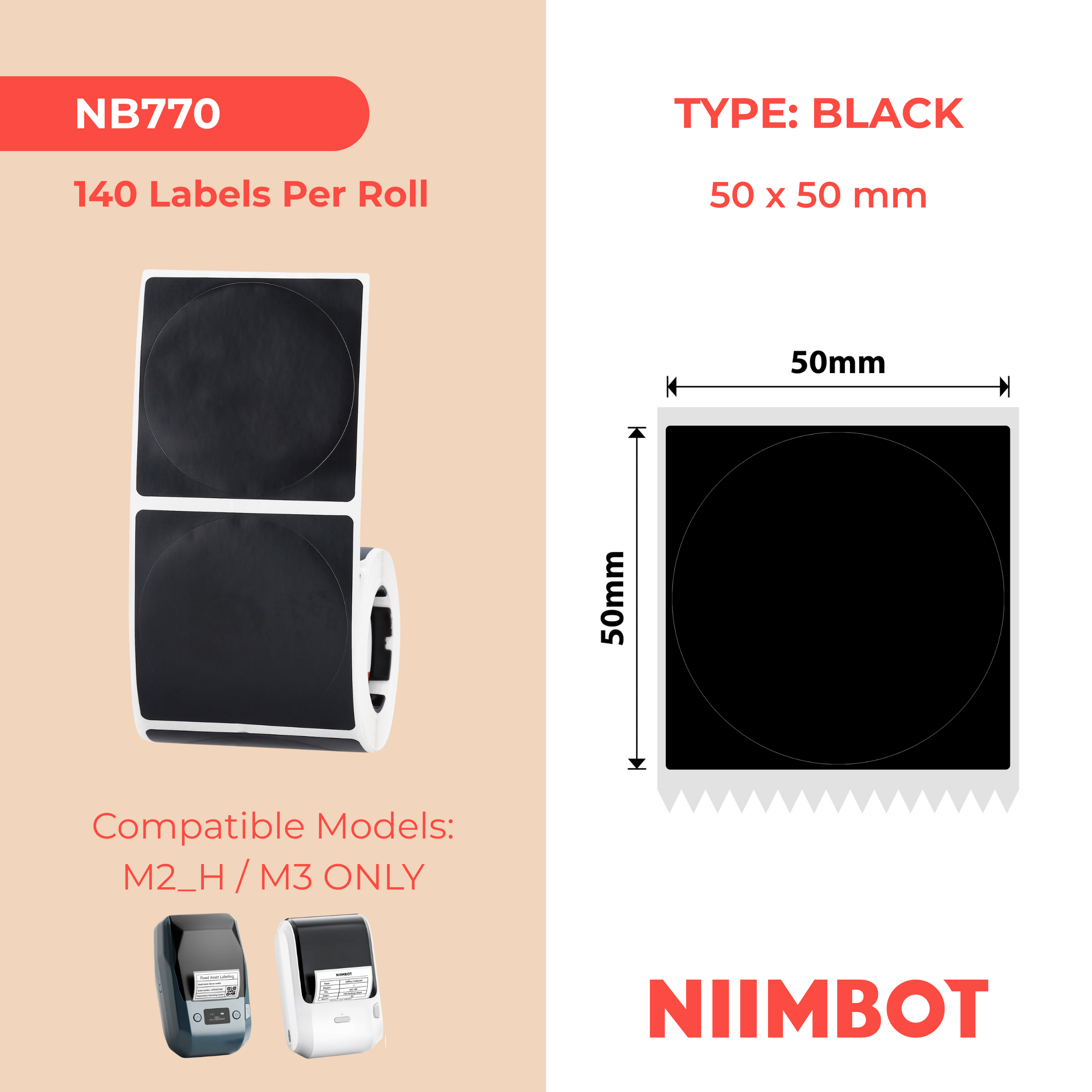 NIIMBOT - M Range - 50x50mm - Matte Black Round - 140 Labels
