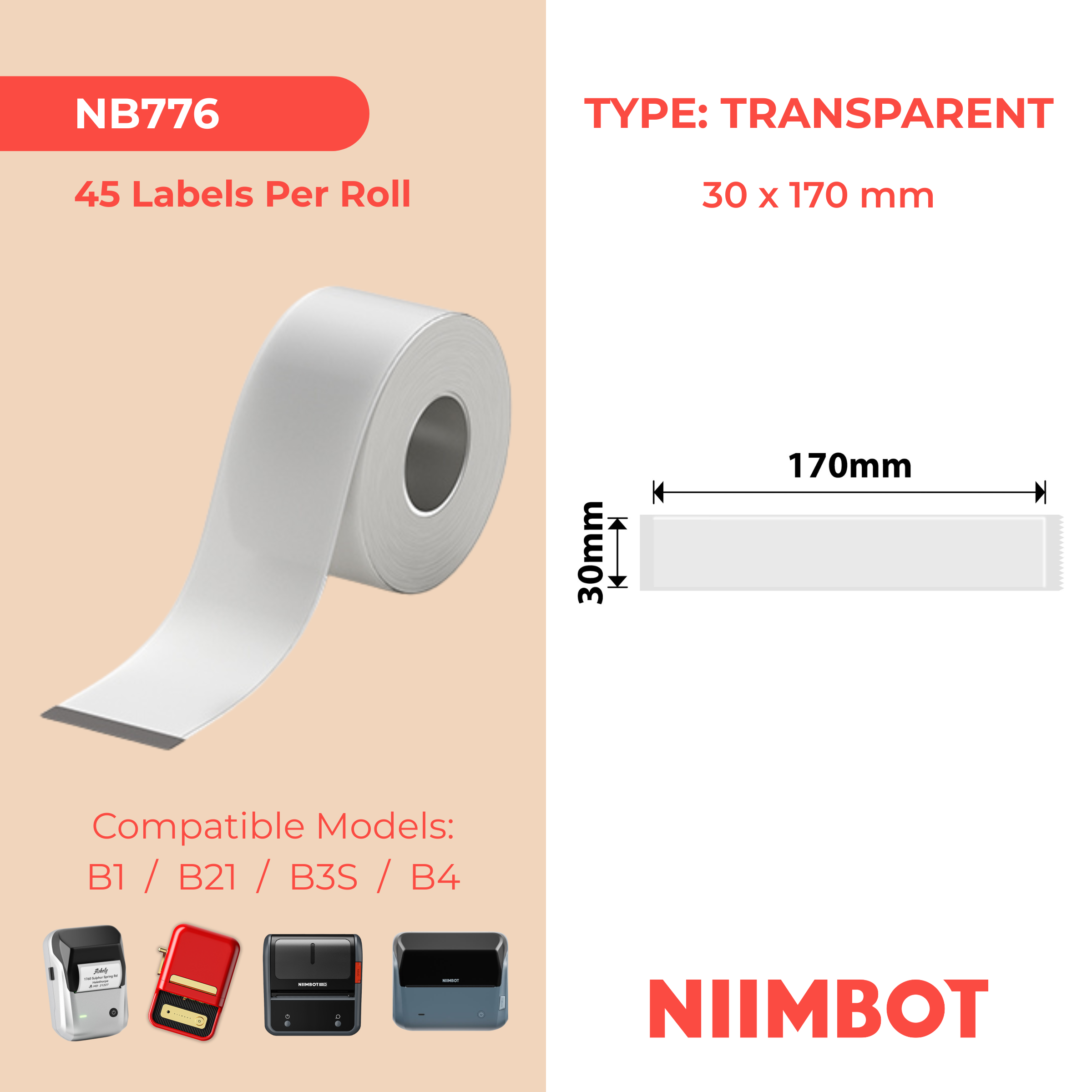 NIIMBOT - B Range - 30x170mm - Transparent File - 45 Labels