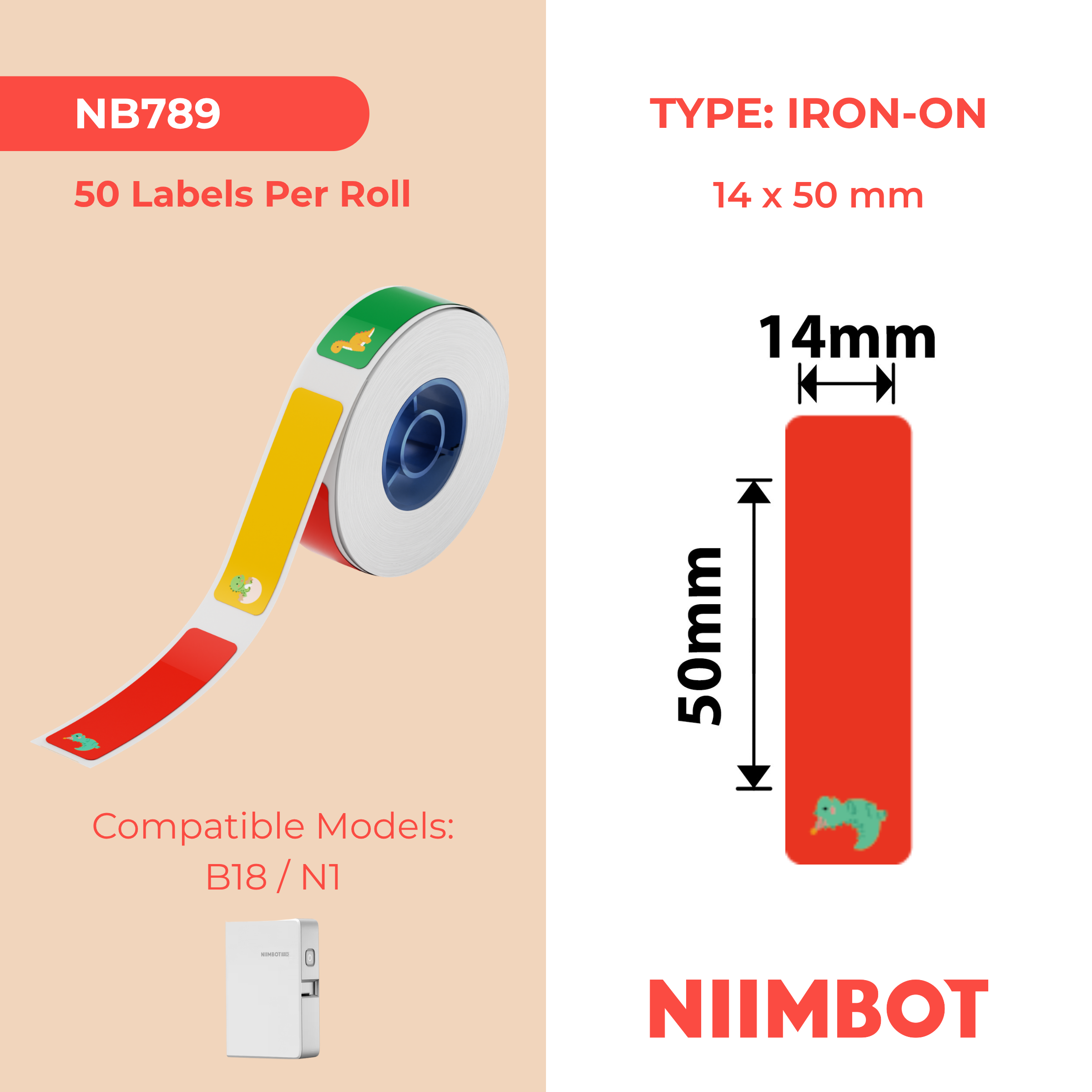 NIIMBOT - N1 - 14x50mm - Iron On Dino Land Patterns - 50 Labels