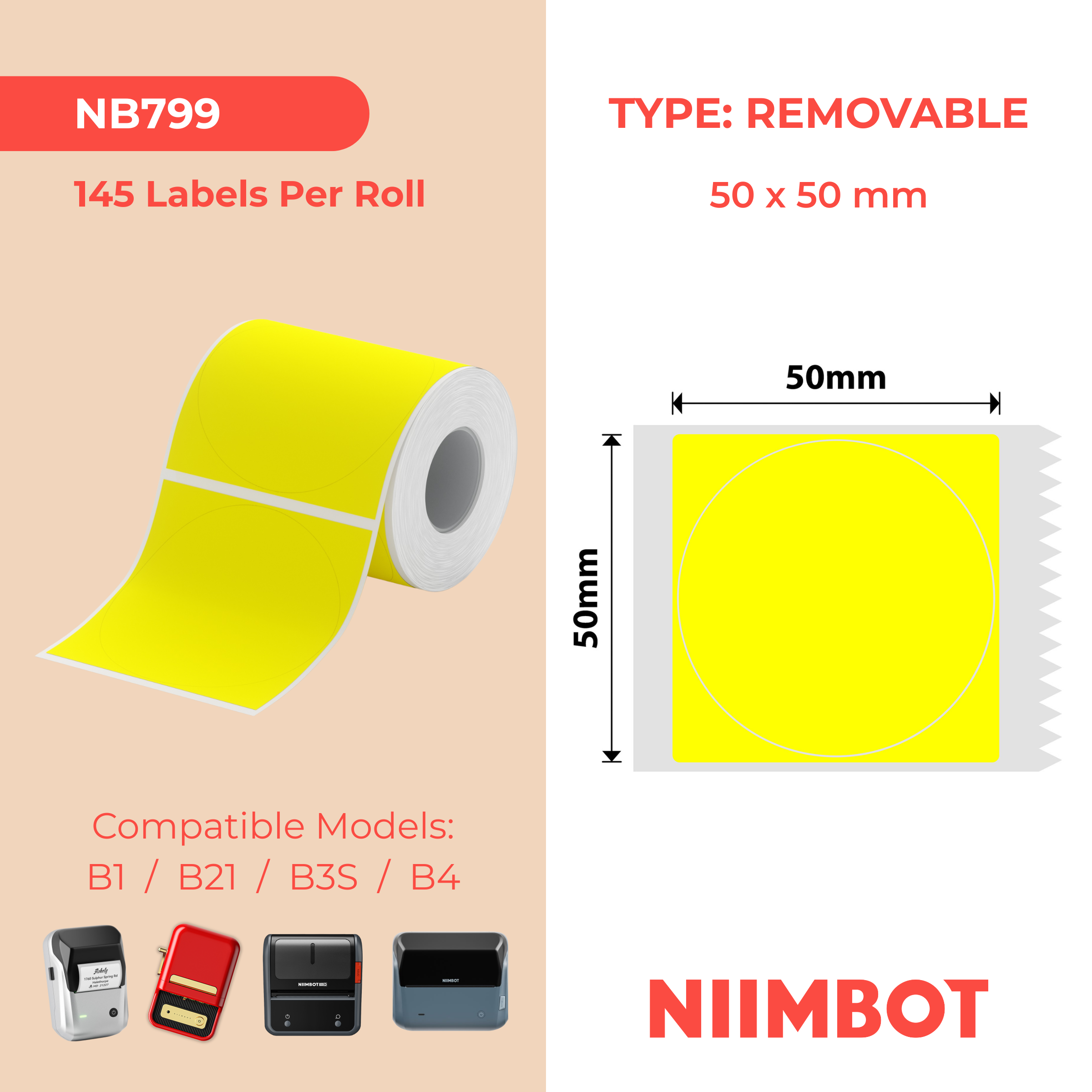 NIIMBOT - B Range - 50x50mm - Yellow Round Removable - 145 Labels