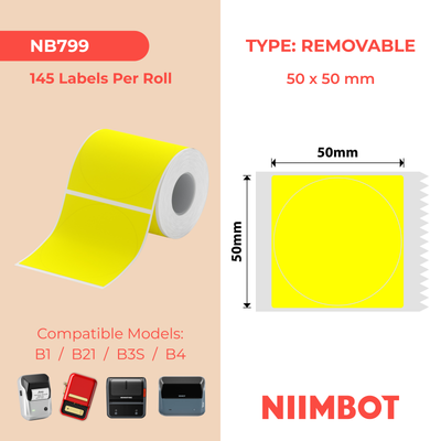 NIIMBOT - B Range - 50x50mm - Yellow Round Removable - 145 Labels