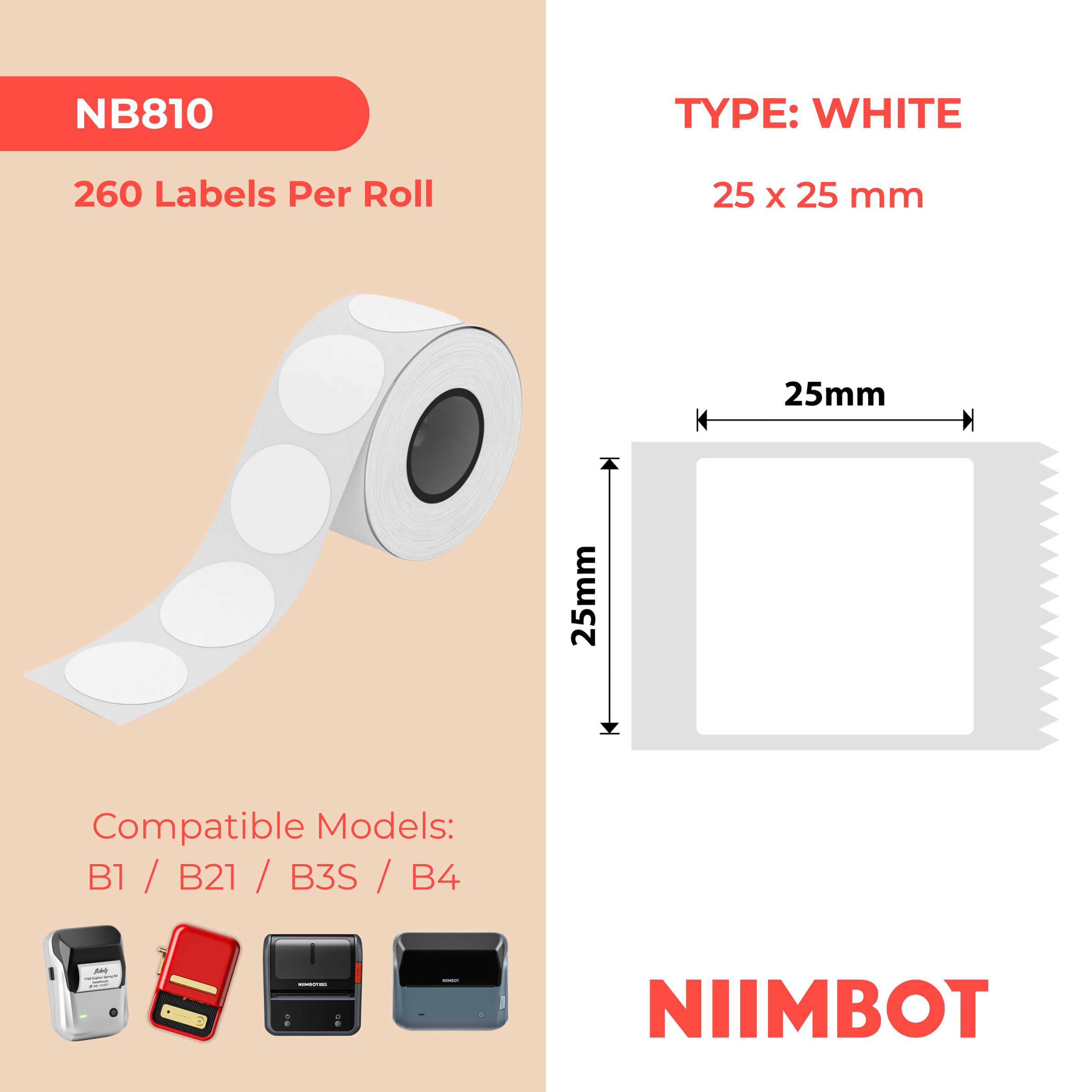 NIIMBOT - B Range - 25x25mm - Soft White 23mm Inner Round - 265 Labels