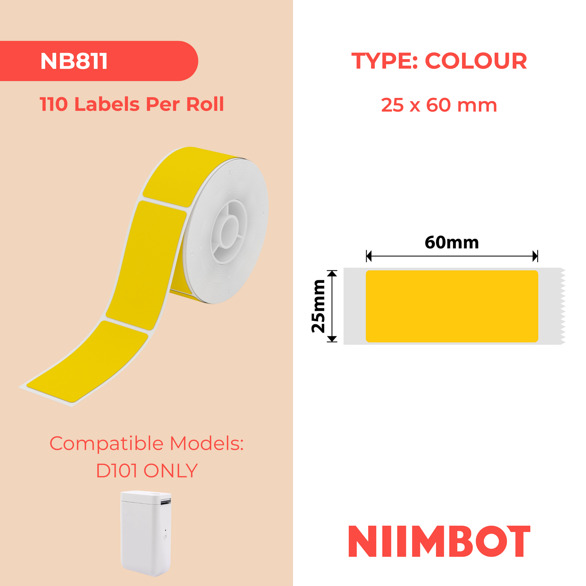 NIIMBOT - D101 Only - 25x60mm - Yellow - 110 Labels