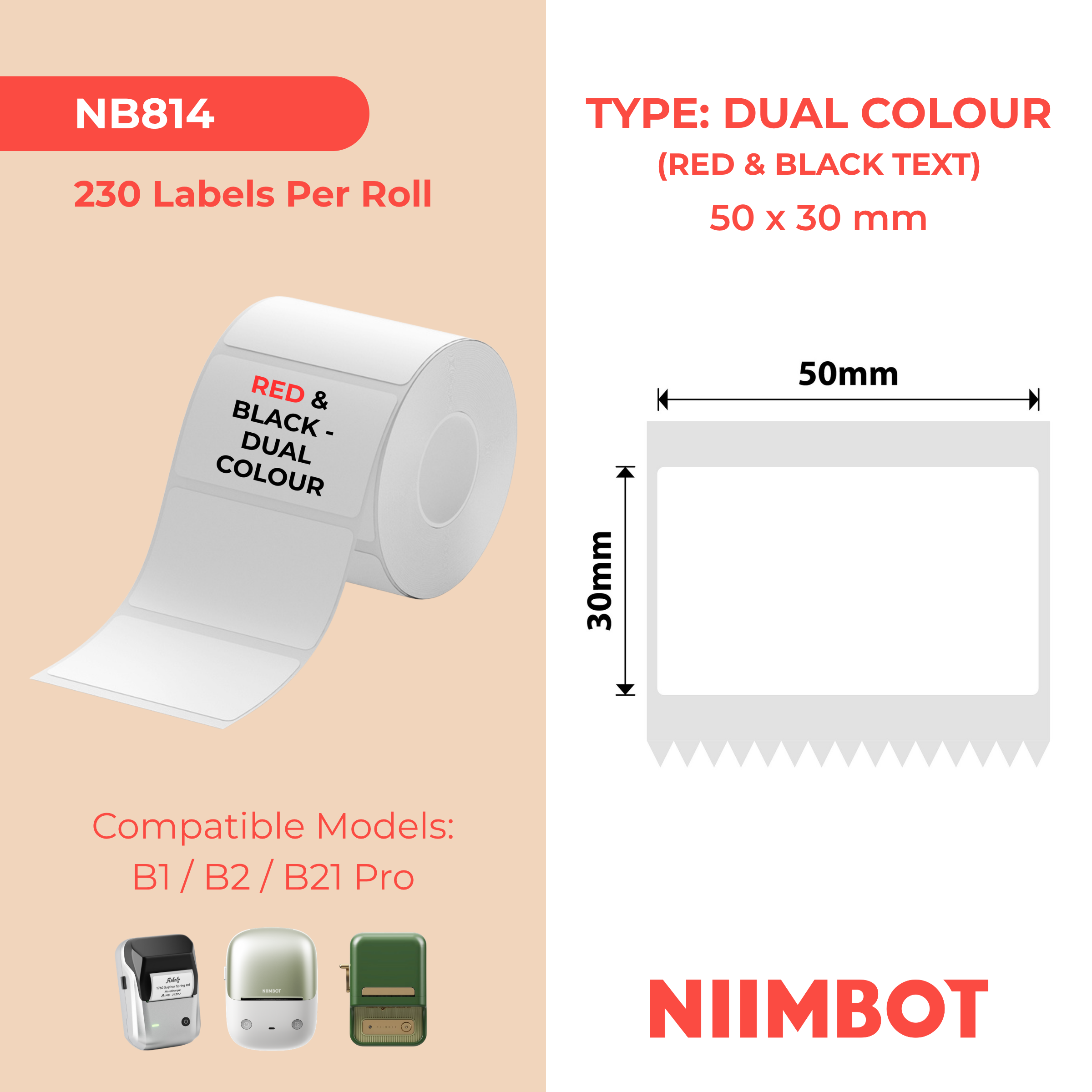 NIIMBOT - B Pro Range - 50x30mm - White - Dual Colour - Red & Black Text - 230 Labels