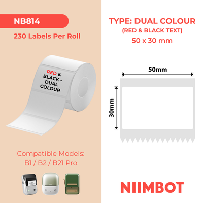 NIIMBOT - B Pro Range - 50x30mm - White - Dual Colour - Red & Black Text - 230 Labels