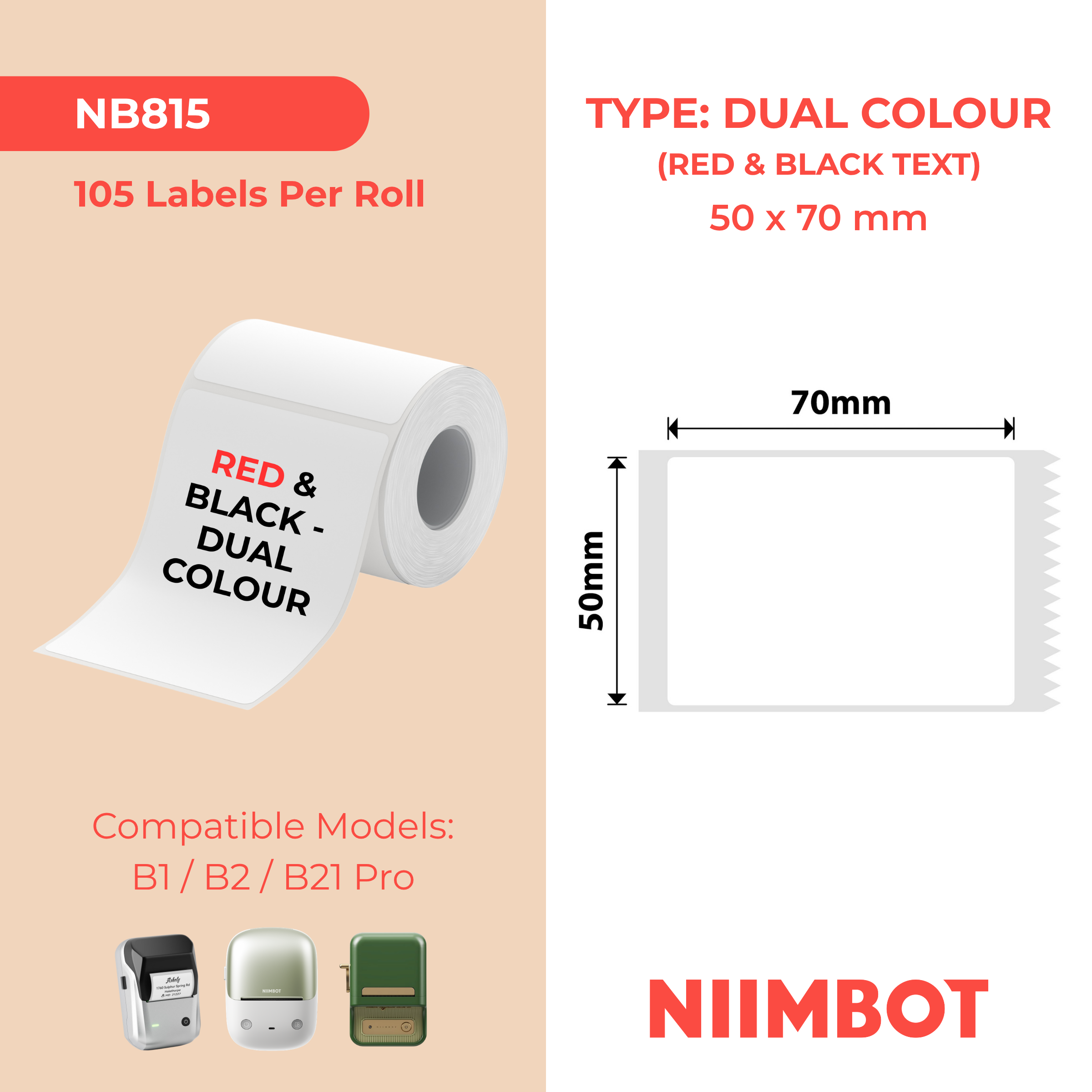 NIIMBOT - B Pro Range - 50x70mm - White - Dual Colour - Red & Black Text - 105 Labels