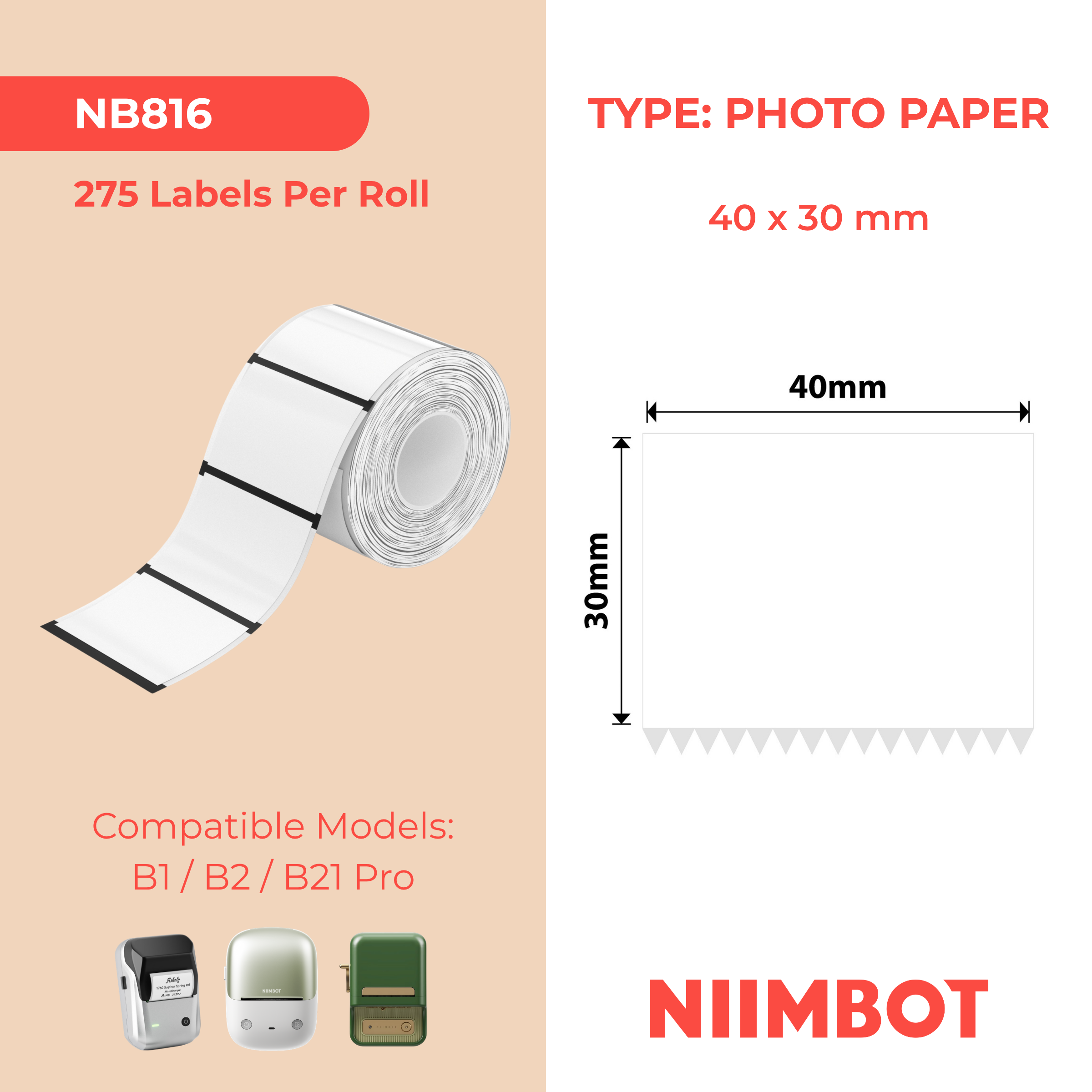 NIIMBOT - B Pro Range - 40x30mm - White - Greyscale - Photo Paper - 275 Labels