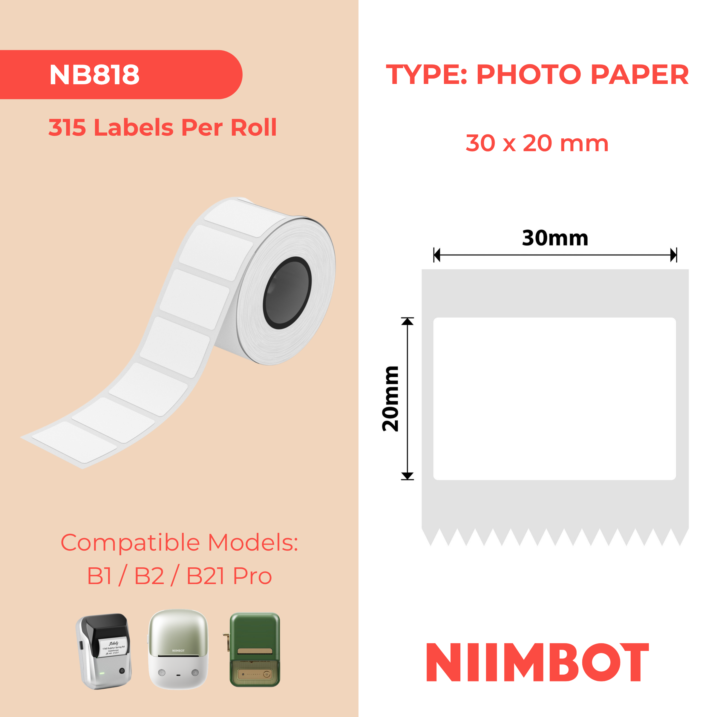 NIIMBOT - B Pro Range - 30x20mm - White - Greyscale - Photo Paper - 315 Labels
