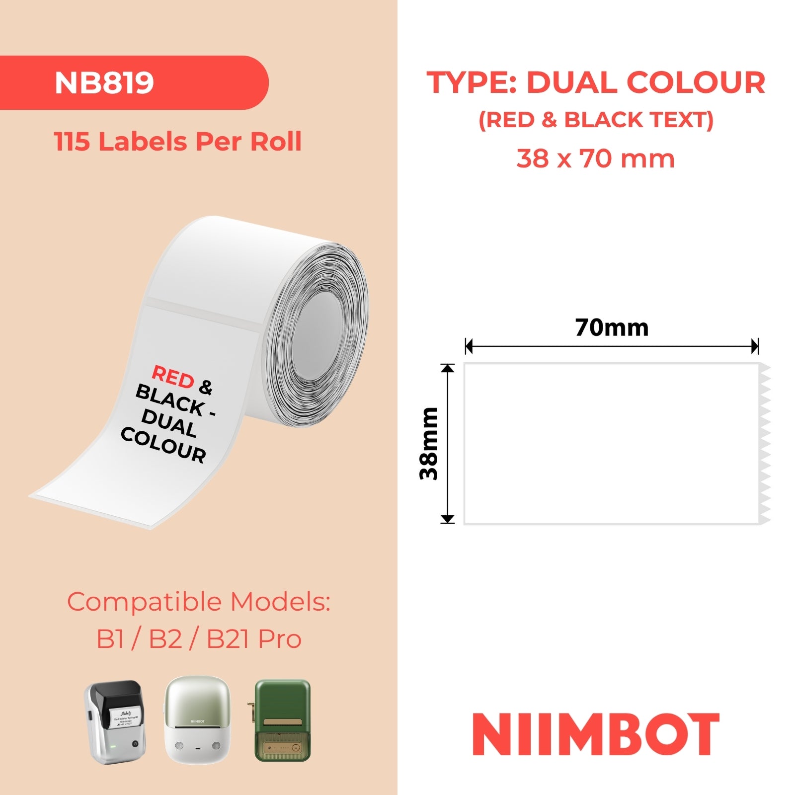 NIIMBOT - B Pro Range - 38x70mm - White - Dual Colour - Red & Black Text - 115 Labels