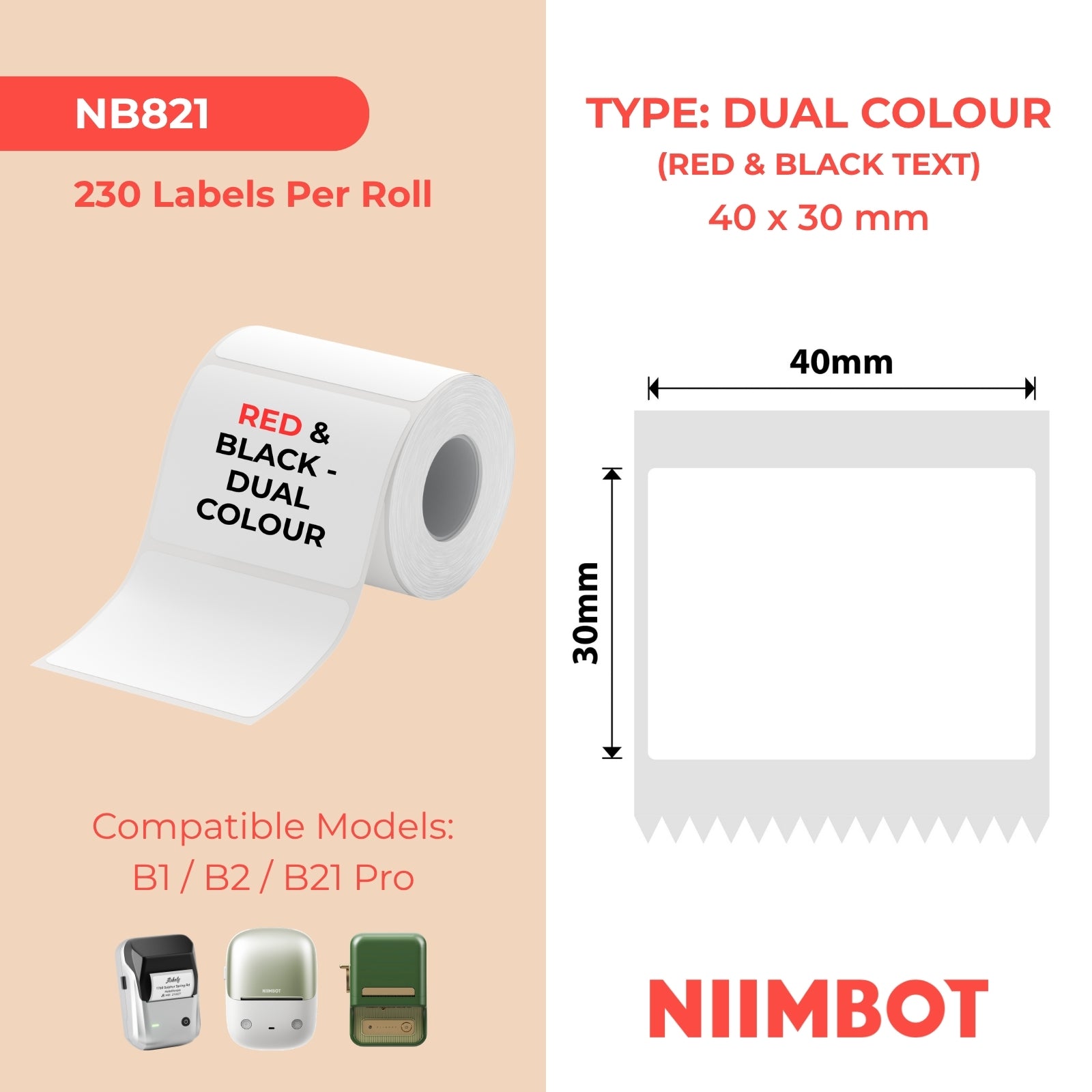 NIIMBOT - B Pro Range - 40x30mm - White - Dual Colour - Red & Black Text - 230 Labels