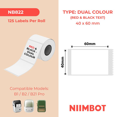 NIIMBOT - B Pro Range - 40x60mm - White - Dual Colour - Red & Black Text - 125 Labels