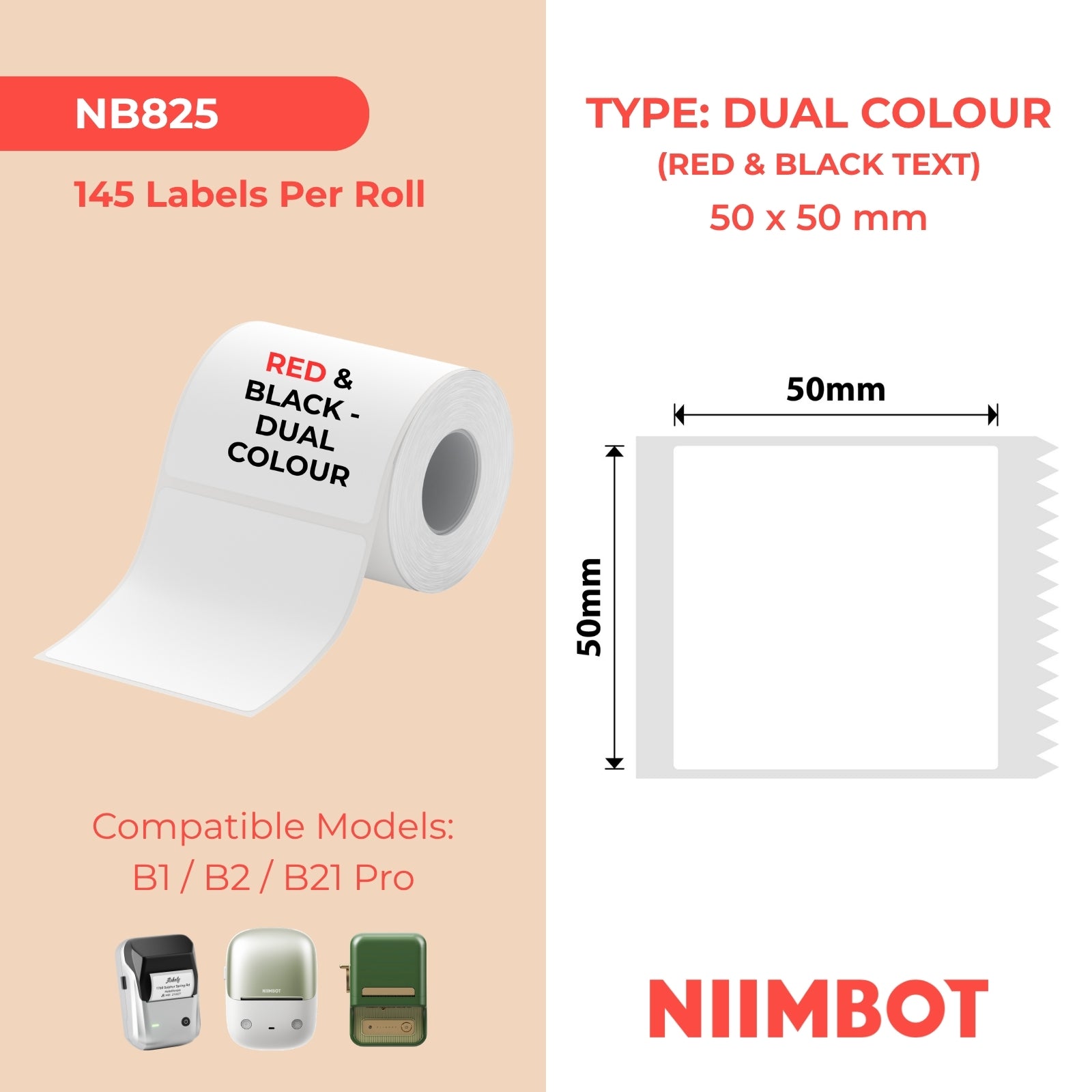 NIIMBOT - B Pro Range - 50x50mm - White - Dual Colour - Red & Black Text - 145 Labels