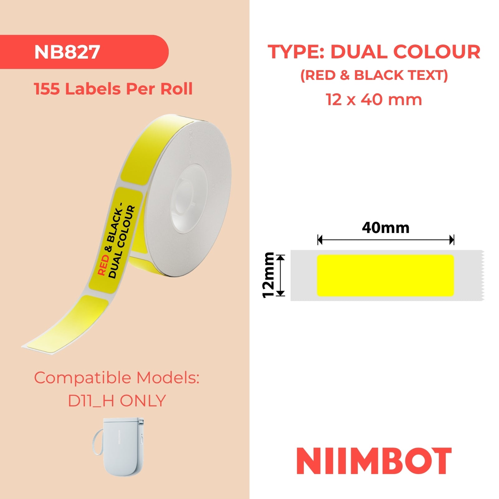 NIIMBOT - D11_H Only - 12x40mm - Yellow - Dual Colour - Red & Black Text - 155 Labels