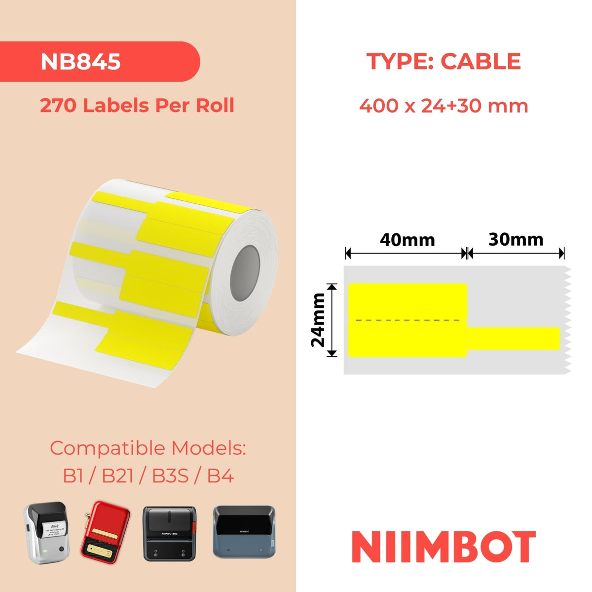 NIIMBOT - B Range - 40x24+30mm - Yellow Cable - 270 Labels