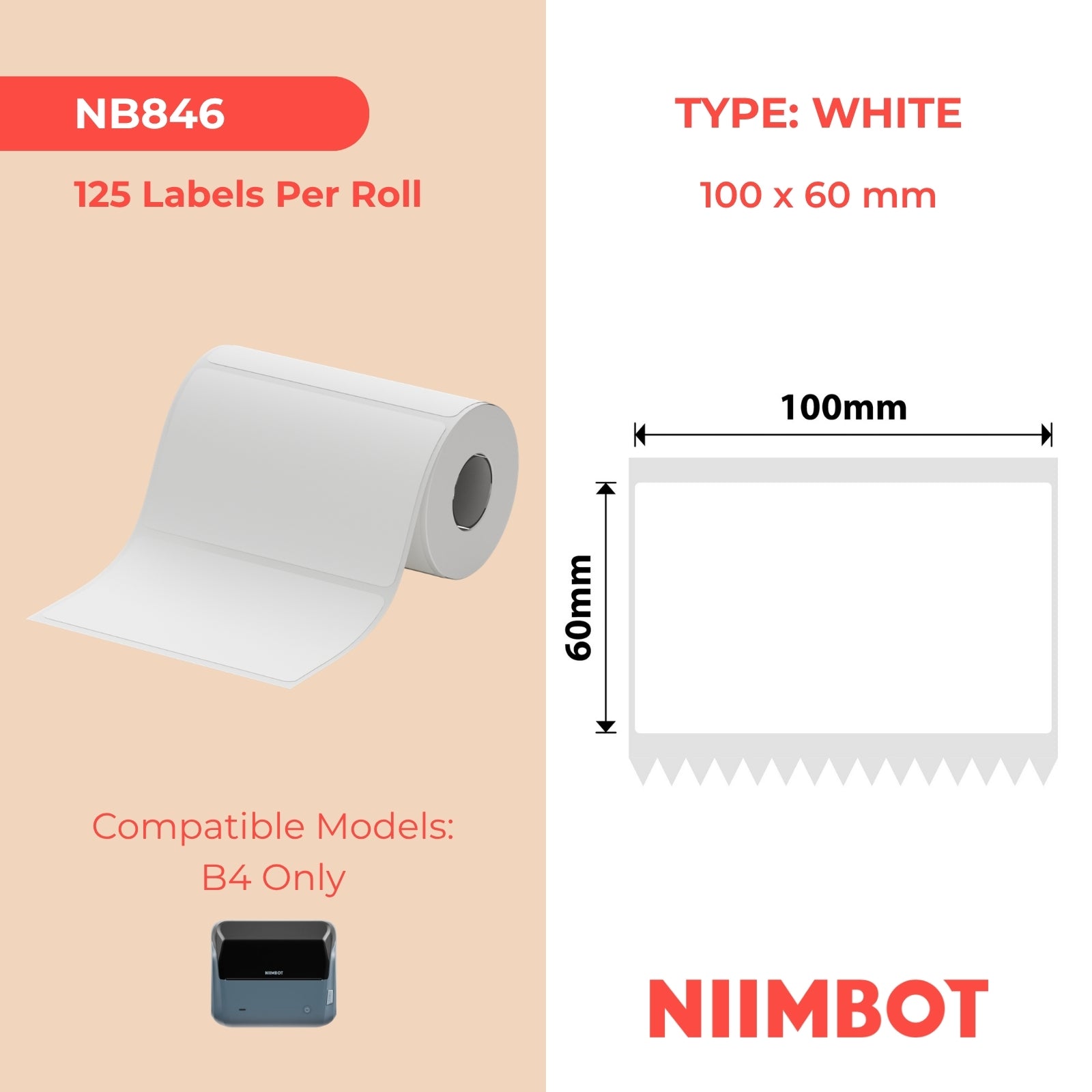 NIIMBOT - B4 Only - 100x60mm - White - 125 Labels