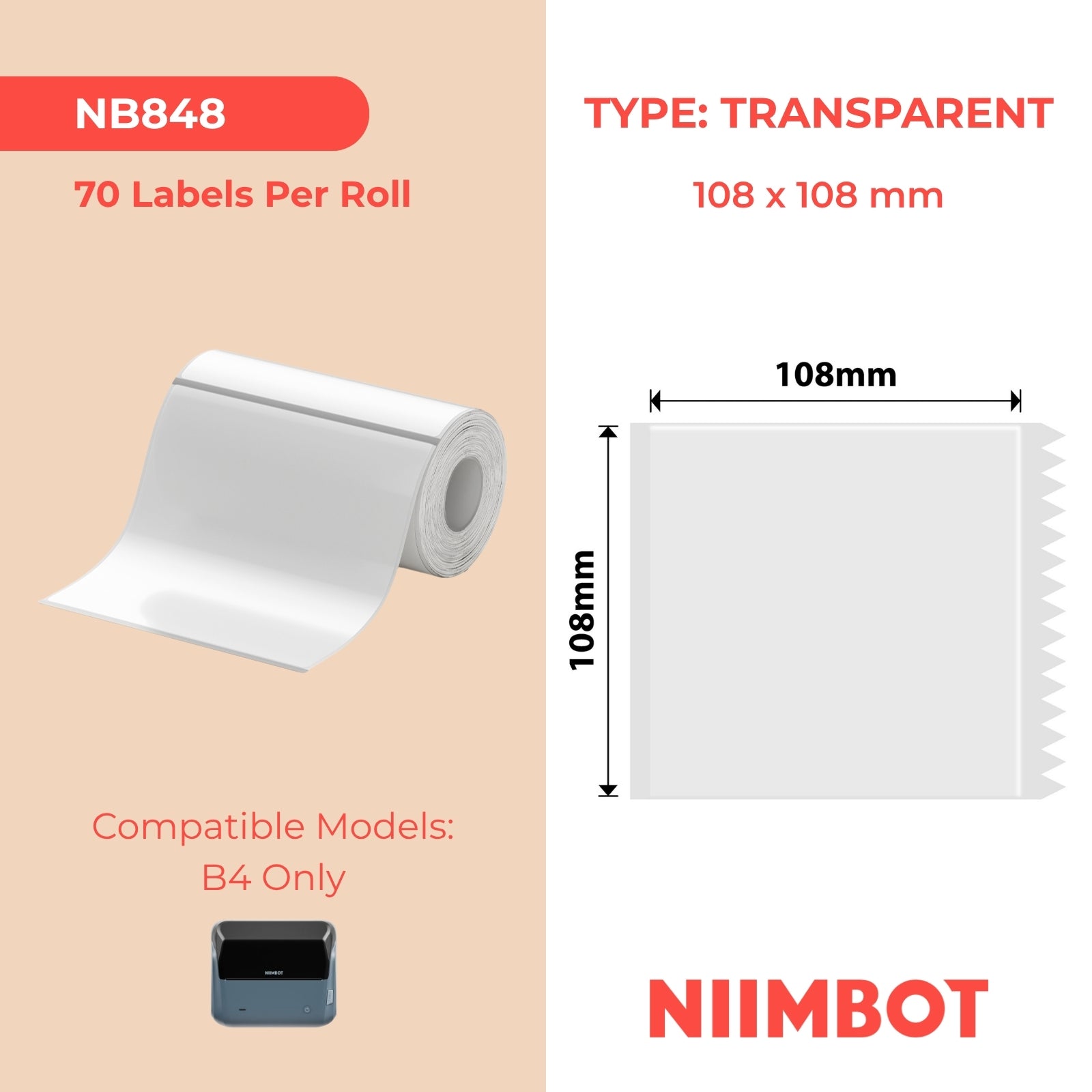 NIIMBOT - B4 Only - 108x108mm - Transparent - 70 Labels