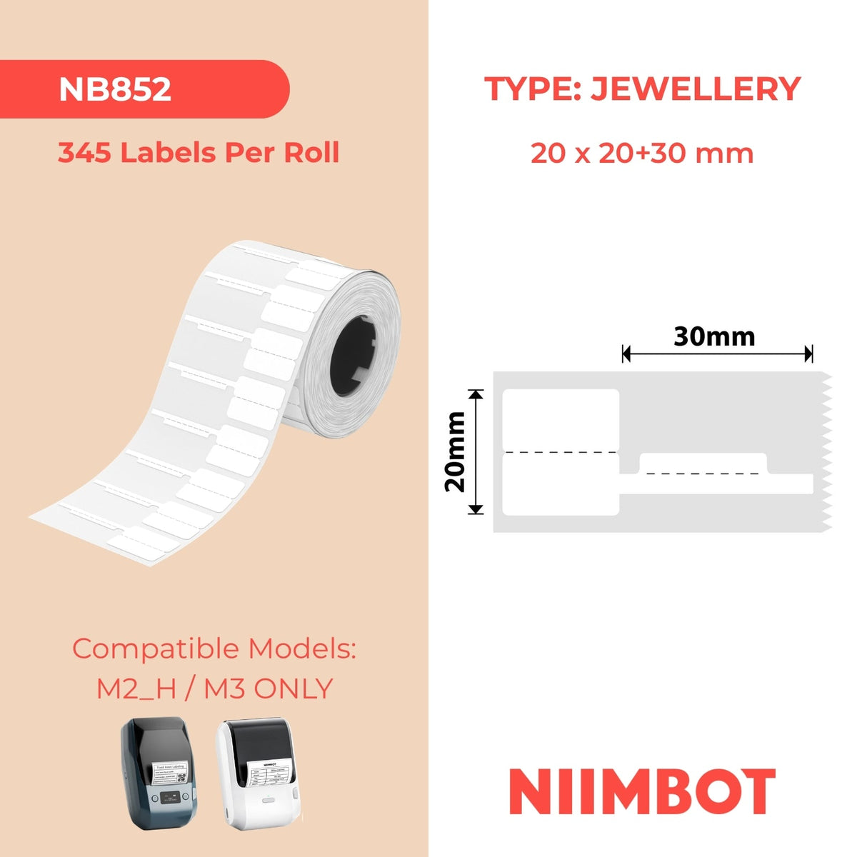 NIIMBOT - M Range - 20x20+30mm - White Jewellery - 345 Labels