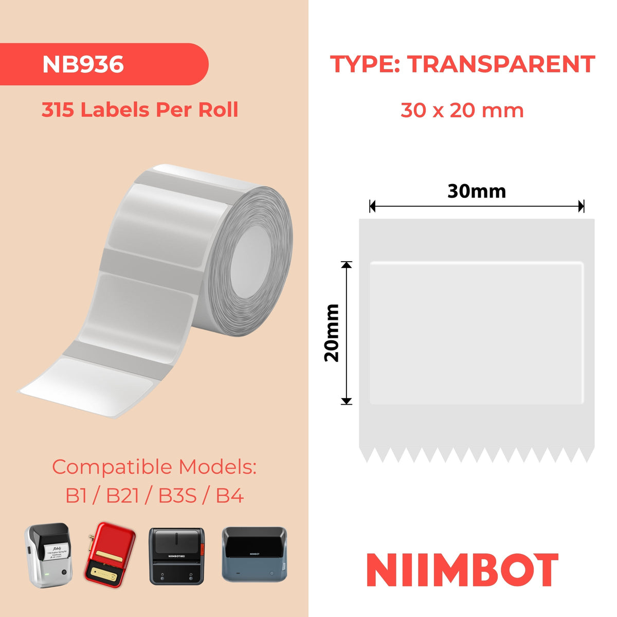 NIIMBOT - B Range - 30x20mm - Transparent - 315 Labels