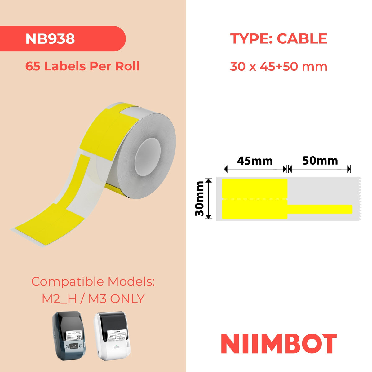 NIIMBOT - M Range - 30x45+50mm - Yellow Cable - 65 Labels