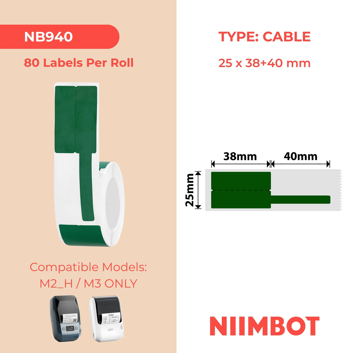 NIIMBOT - M Range - 25x38+40mm - Green Cable - 80 Labels
