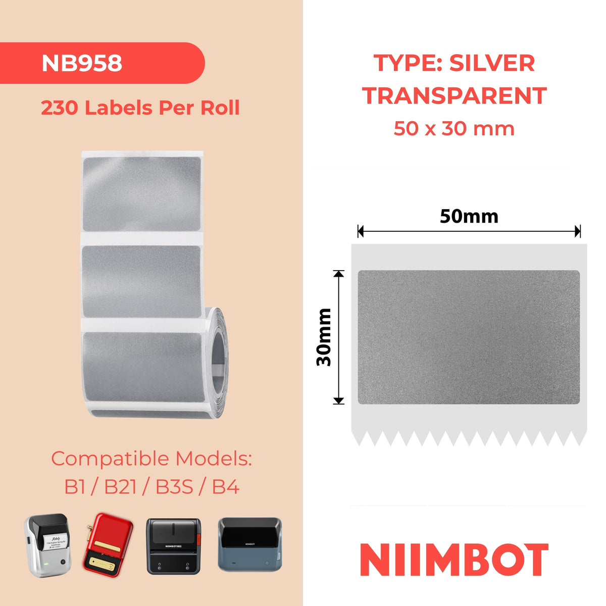 NIIMBOT - B Range - 50x30mm - Silver Glitter Transparent - 230 Labels
