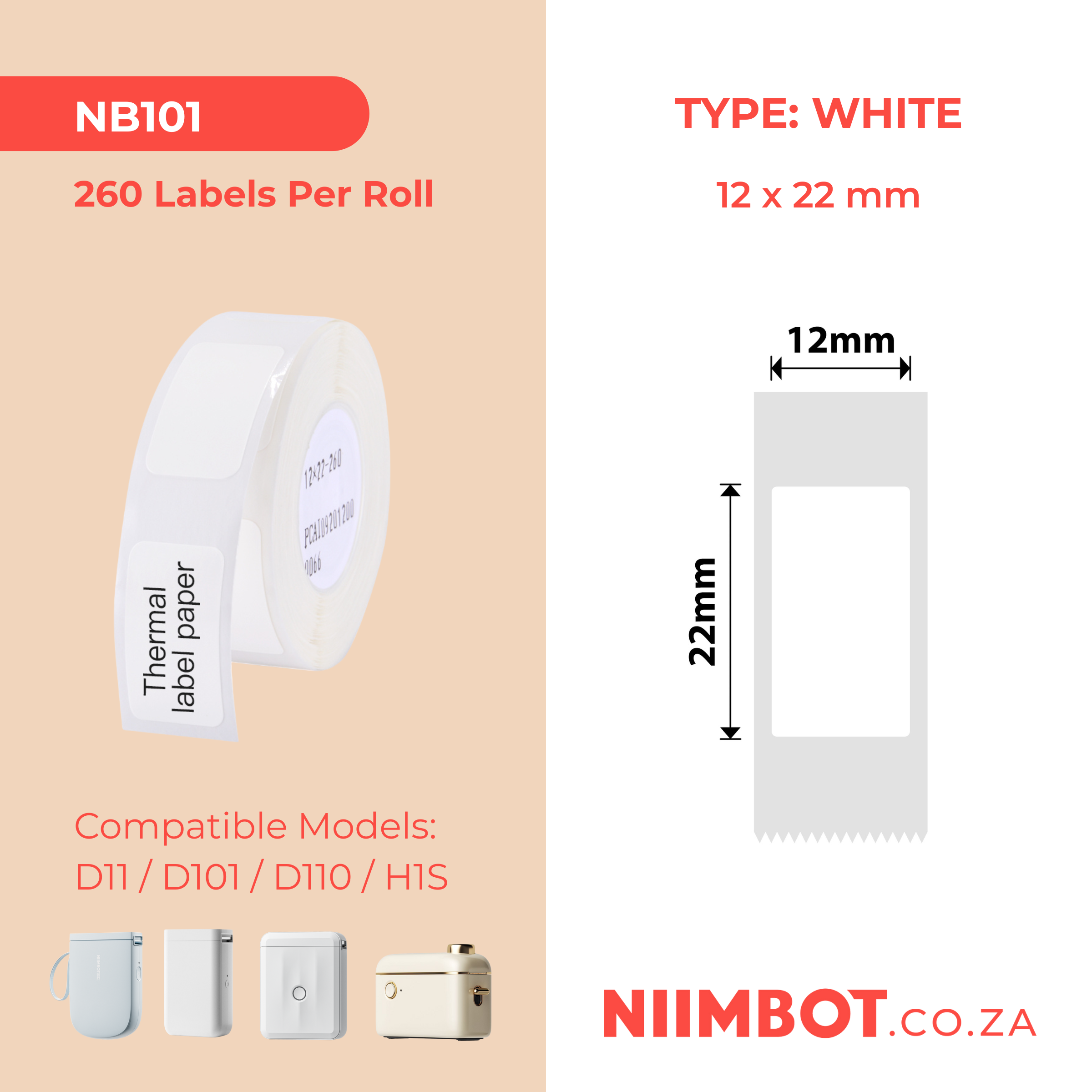 NB101 - NIIMBOT - D11 / D101 / D110 - T12*22MM - 260  LABELS PER ROLL - WHITE