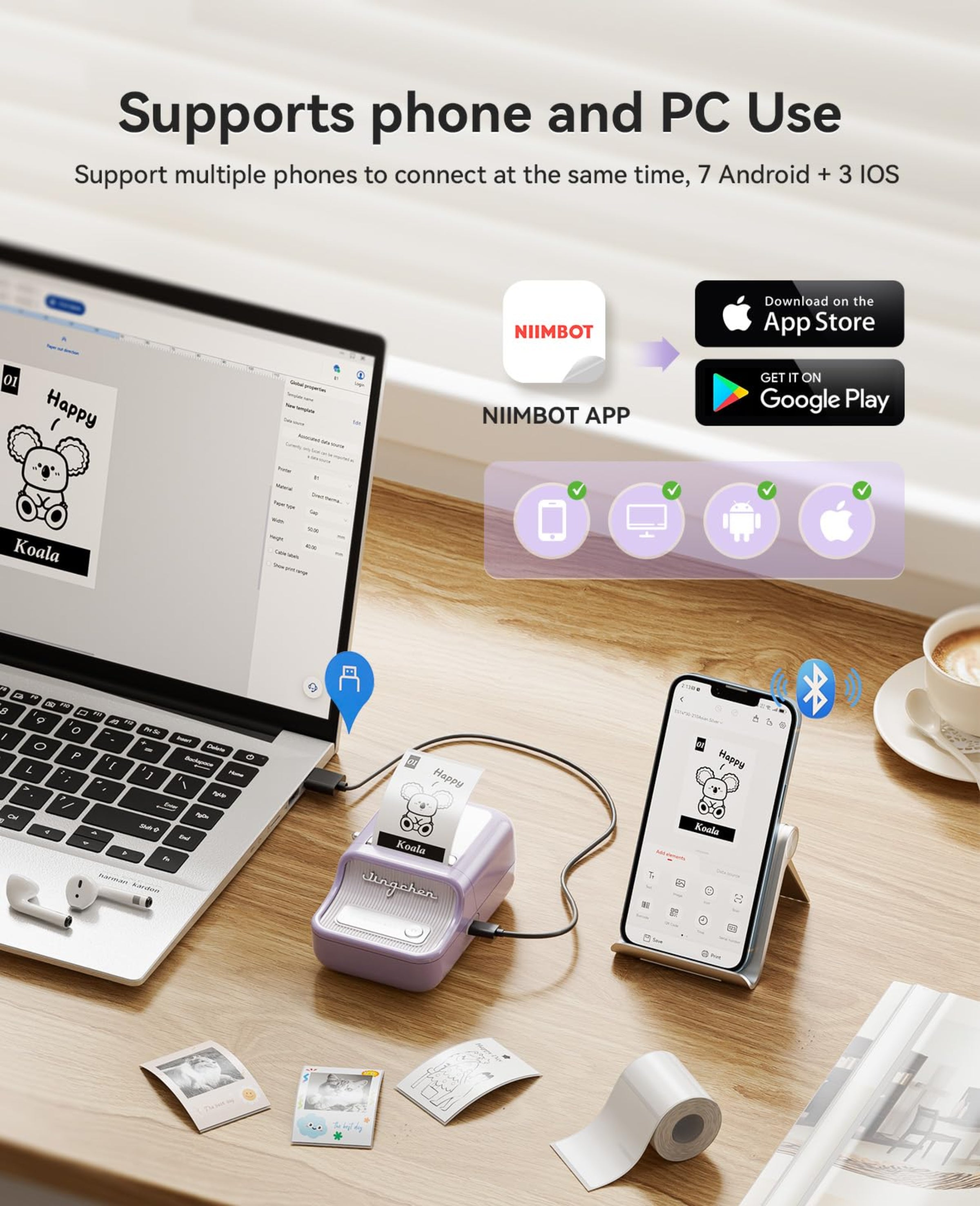 NIIMBOT - B21_PRO - 300DPI - PORTABLE THERMAL LABEL BLUETOOTH PRINTER WITH FREE LABEL ROLL - 50*30MM - WHITE