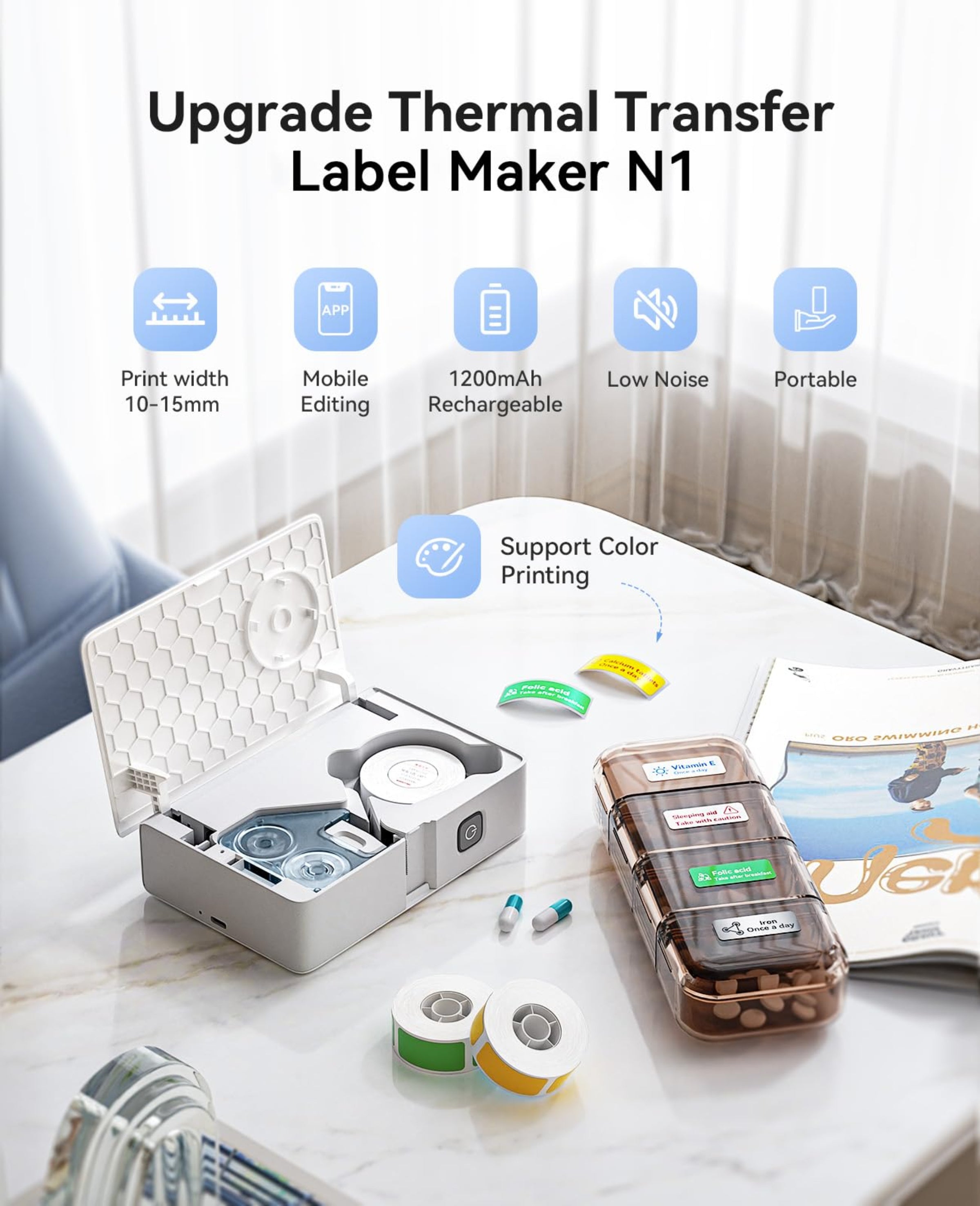 NB623 - NIIMBOT - N1 - BLUETOOTH THERMAL TRANSFER LABEL PRINTER INCL FREE WHITE LABEL & BLACK RIBBON (14*50MM)