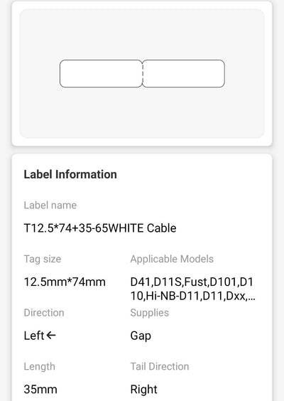 NB118 - NIIMBOT - D11 / D101 / D110 / H1S - 12.5X109MM  - 60 WHITE CABLE LABELS