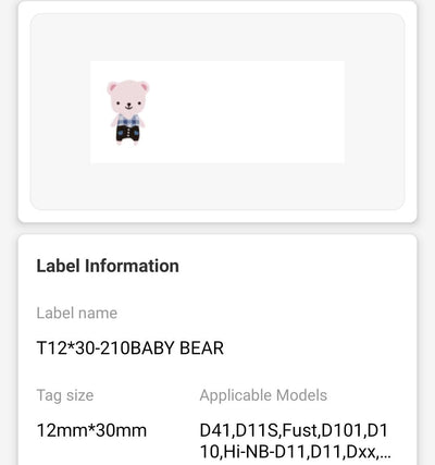 NB127 - NIIMBOT - D11 / D101 / D110 / H1S - 12X30MM - 210 BABY BEAR LABELS