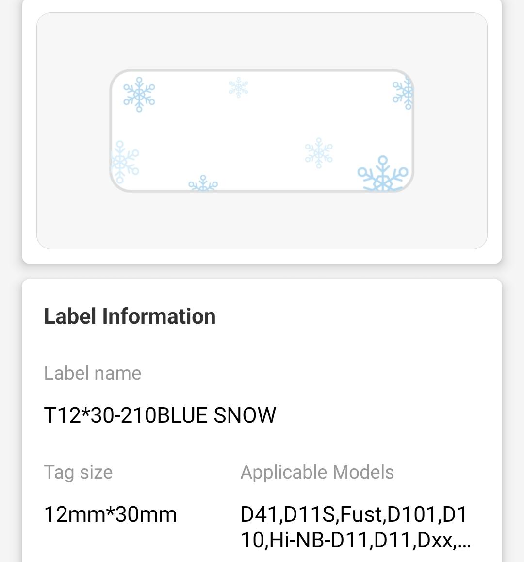 NIIMBOT - D11 / D101 / D110 - 12*30MM - 210 THERMAL LABELS - BLUE SNOW DESIGN