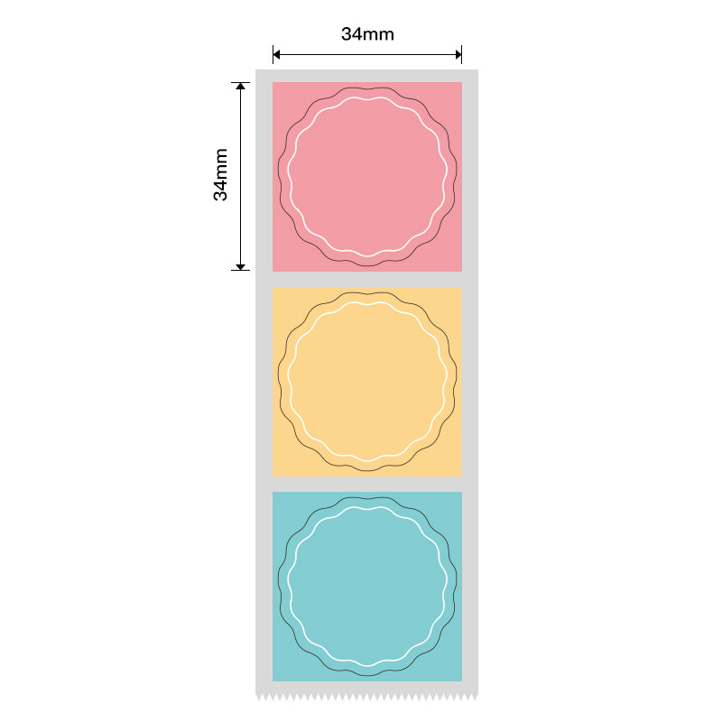 NB233 - NIIMBOT - B1 / B21 / B3S - T34*34MM - 200 WAVY ROUND THERMAL LABELS - PINK, YELLOW AND BLUE